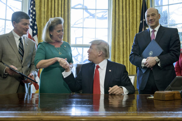 US President Donald Trump shakes the hand of Rep. Ann Wagner (R-MO) after signing a memorandum about Labor Department rules on investing in the Oval Office of the White House on February 3, 2017 in Washington, DC. / AFP / Brendan Smialowski / Getty Images