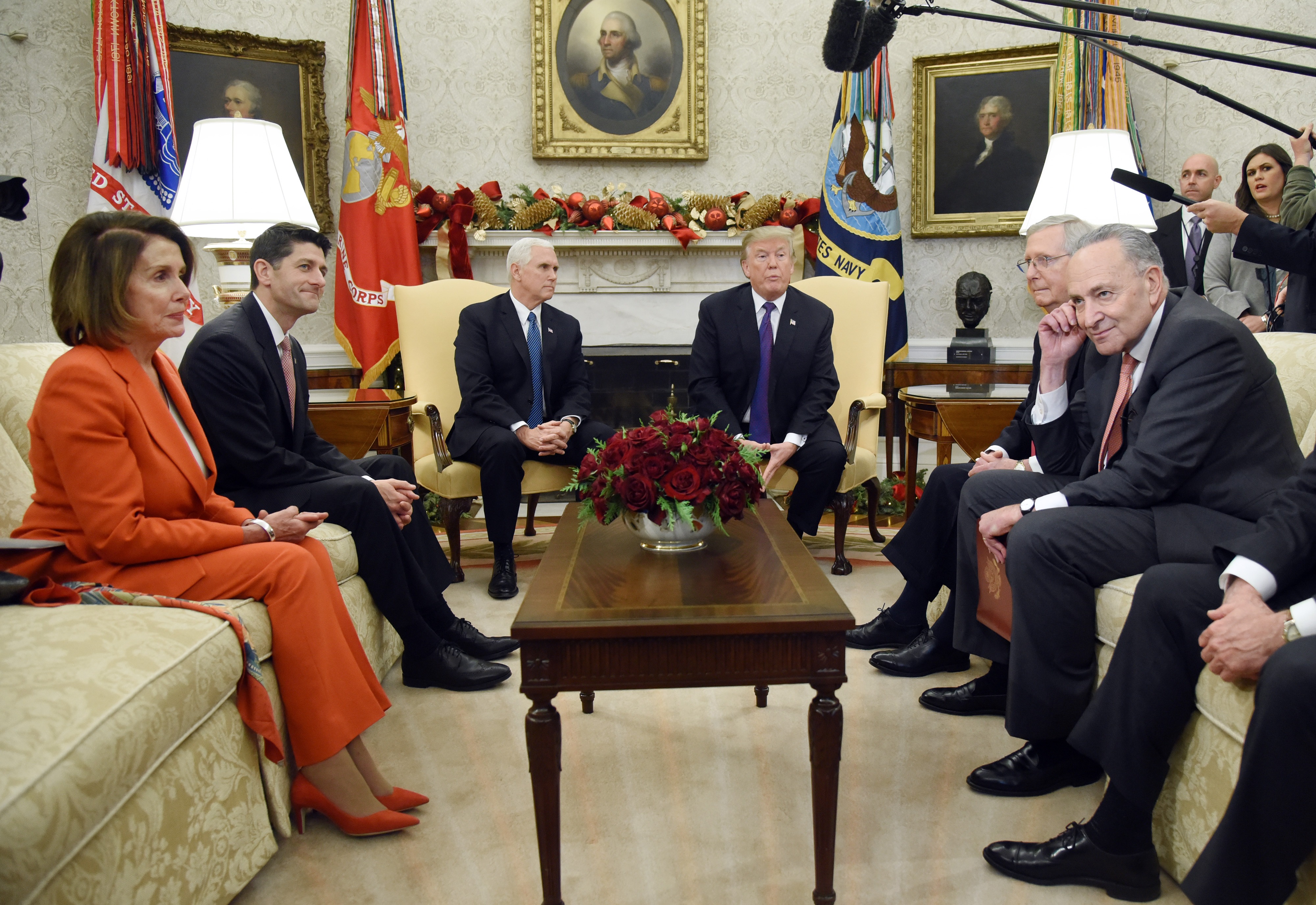 U.S. President Donald Trump and Vice President Mike Pence meet with Congressional leadership including House Minority Leader Rep. Nancy Pelosi (D-CA), House Speaker Paul Ryan, (R- WI) , Senate Majority Leader Mitch McConnell and Sen. Chuck Schumer (D-NY) in the Oval Office of the White House on December 7, 2017 in Washington, DC. (Photo by Olivier Douliery - Pool/Getty Images)
