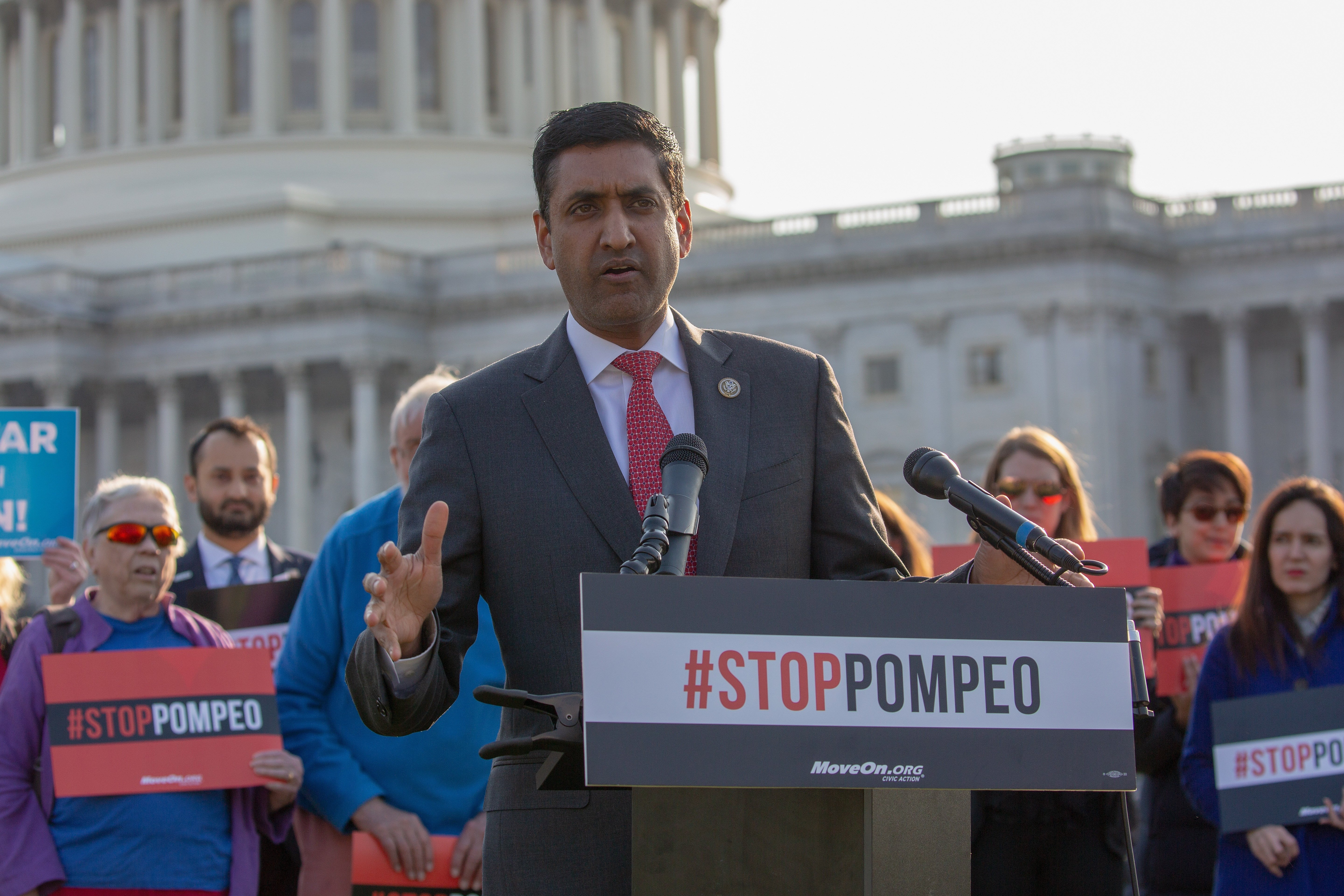 Rep Ro Khanna speaks at a rally with MoveOn members and allies gather with leading senators to demand that the Senate vote to reject Mike Pompeo's nomination for Secretary of State at US Capitol on April 11, 2018 in Washington, DC. (Photo by Tasos Katopodis/Getty Images for MoveOn.org)