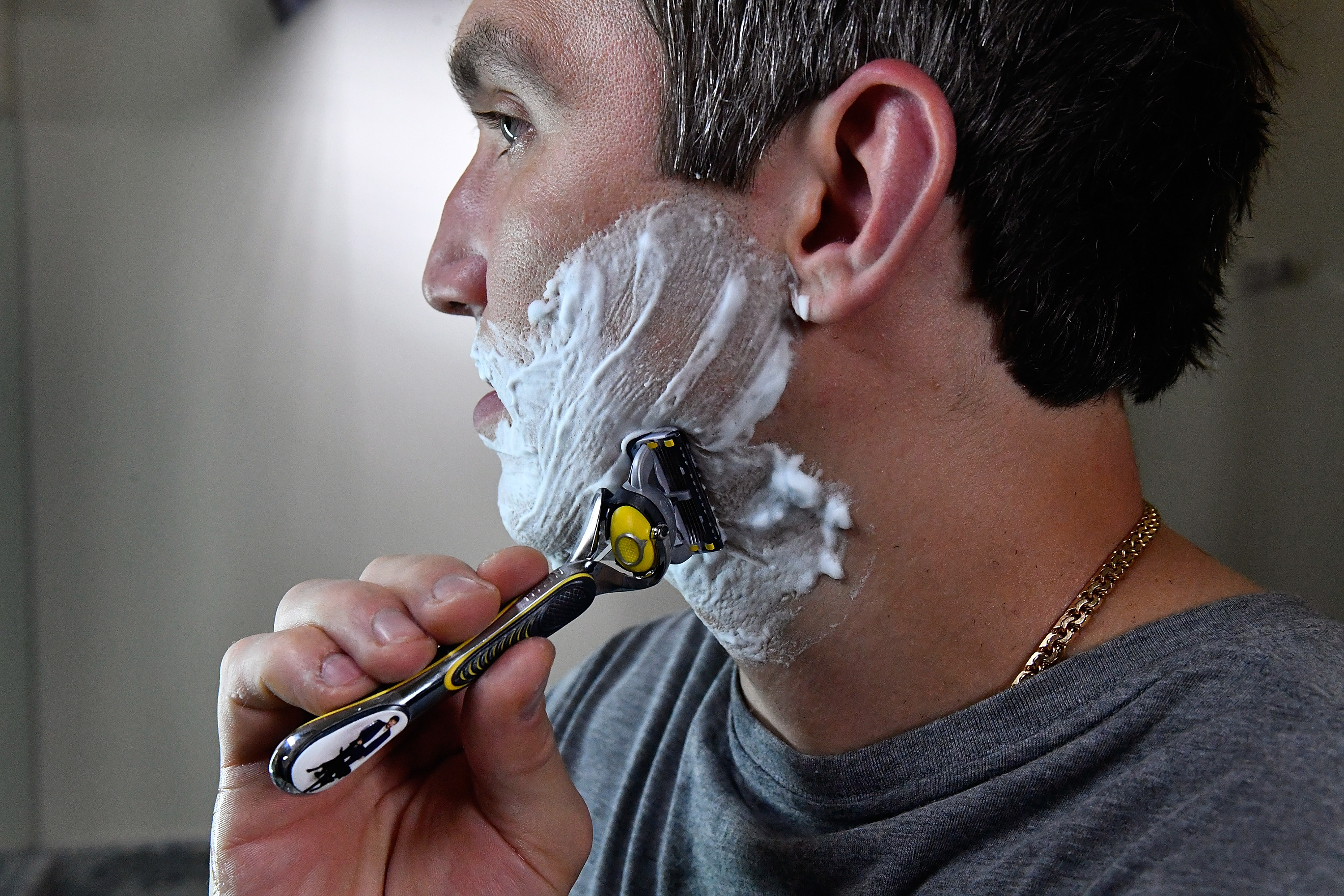 World Champion hockey star Alex Ovechkin shaves his "playoff beard" with the Gillette Fusion ProShield Razor during an official Gillette Shave event on June 13, 2018 in Mclean, Virginia. (Photo by Larry French/Getty Images for Gillette)