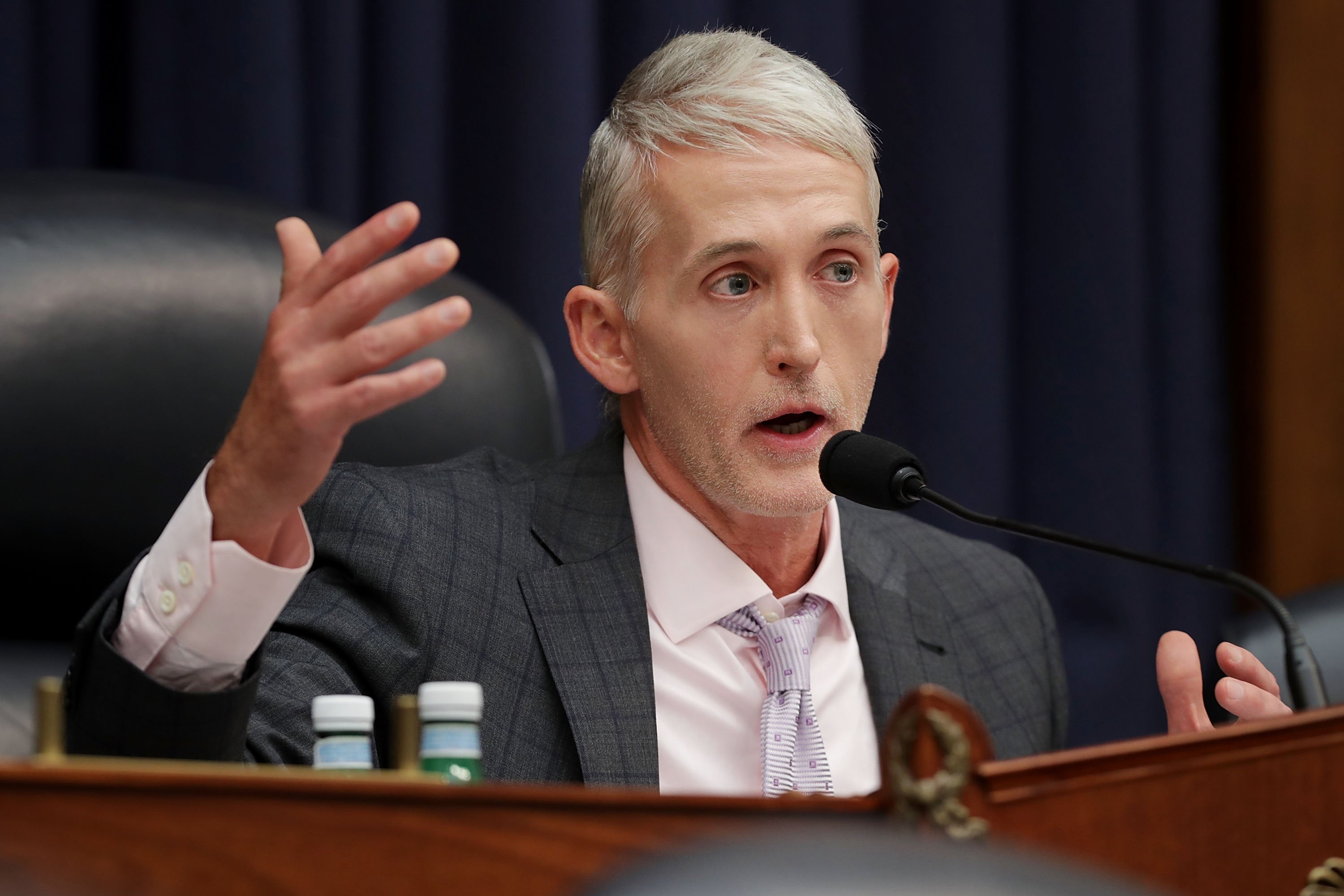 WASHINGTON, DC - JULY 12: House Oversight and Government Reform Committee Chairman Trey Gowdy (R-SC) questions Deputy Assistant FBI Director Peter Strzok during ajoint hearing of his committee and the House Judiciary Committee in the Rayburn House Office Building on Capitol Hill July 12, 2018 in Washington, DC. While involved in the probe into Hillary ClintonÕs use of a private email server in 2016, Strzok exchanged text messages with FBI attorney Lisa Page that were critical of Trump. After learning about the messages, Mueller removed Strzok from his investigation into whether the Trump campaign colluded with Russia to win the 2016 presidential election. (Photo by Chip Somodevilla/Getty Images)
