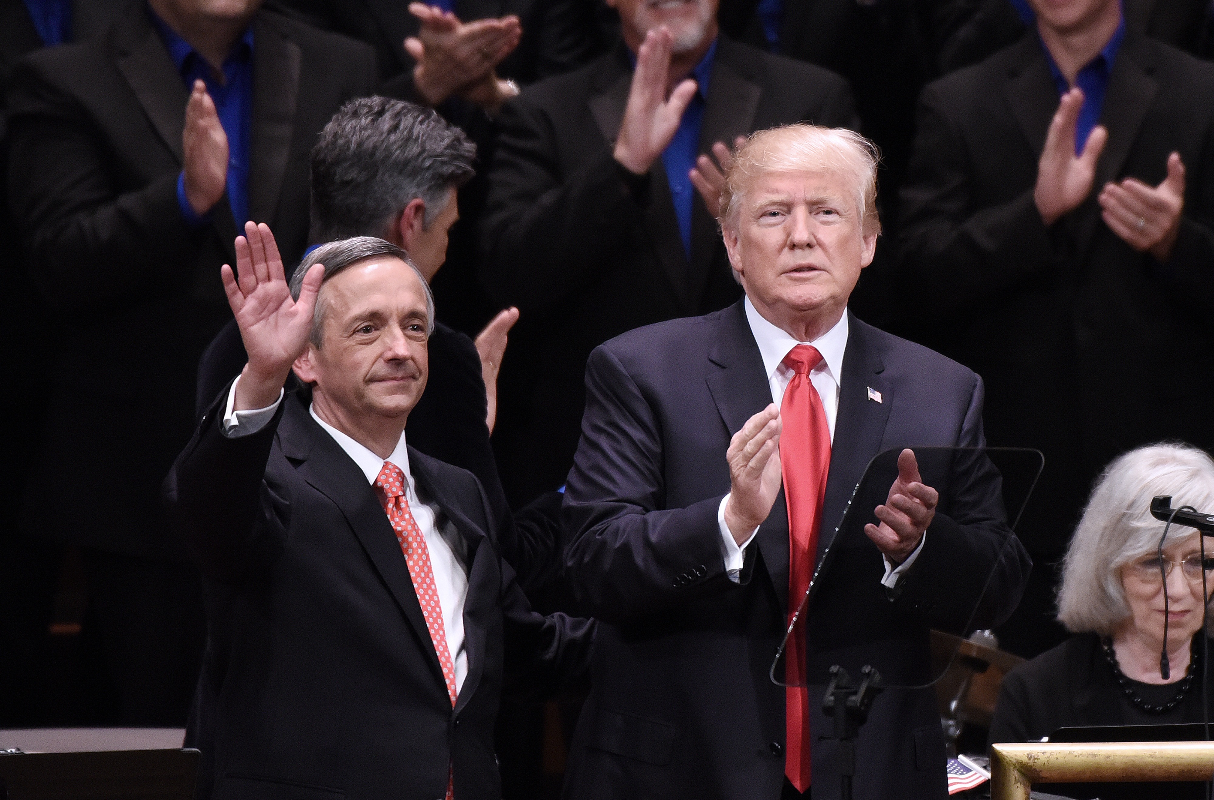 US President Donald Trump and Pastor Robert Jeffress participate in the Celebrate Freedom Rally at the John F. Kennedy Center for the Performing Arts on July 1, 2017 in Washington, DC. (Olivier Douliery-Pool via Getty Images)