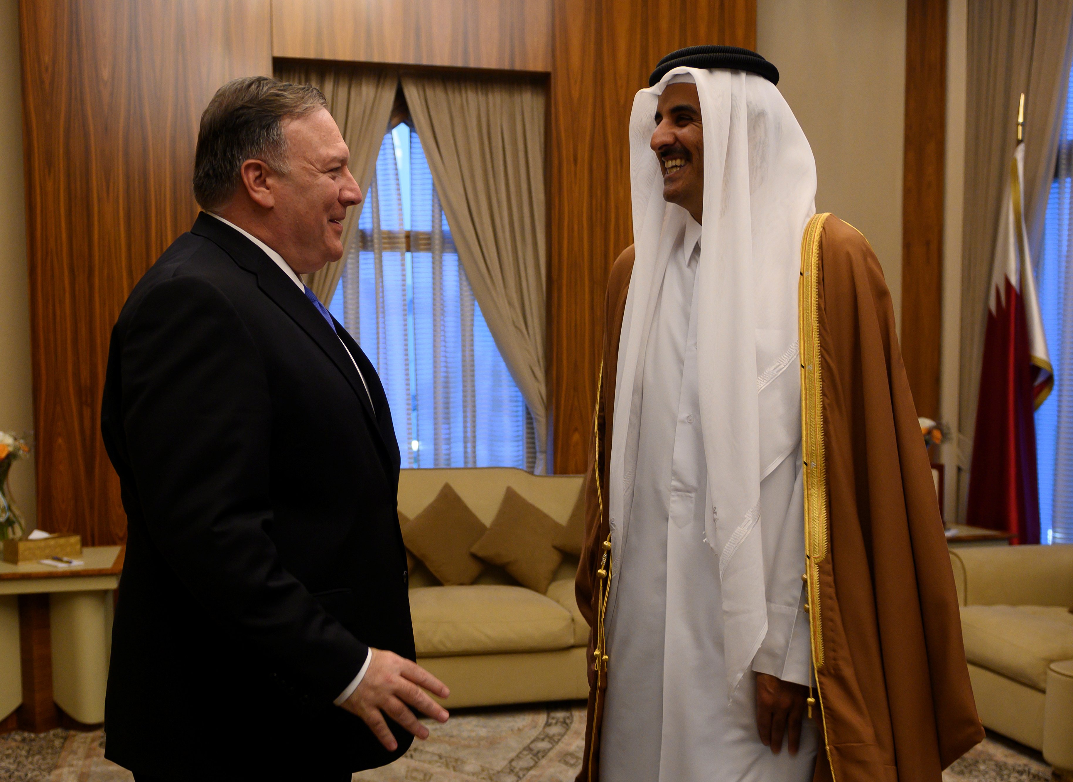 U.S. Secretary of State Mike Pompeo meets with Emir of Qatar Tamim bin Hamad al-Thani at the Sea Palace in Doha, Qatar January 13, 2019. Andrew Caballero-Reynolds/Pool via Reuters