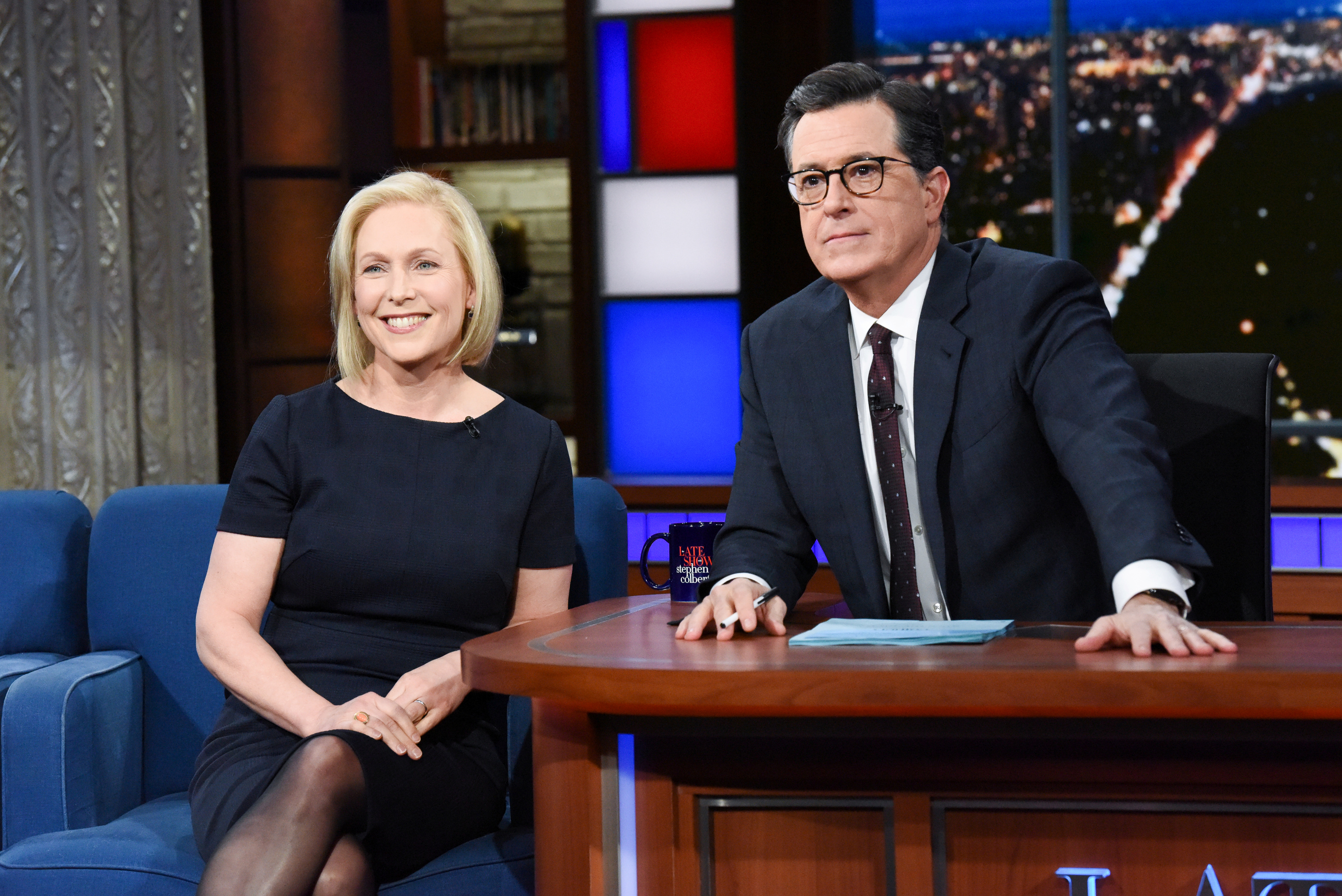 Senator Kirsten Gillibrand on the Late Show with Stephen Colbert in New York
