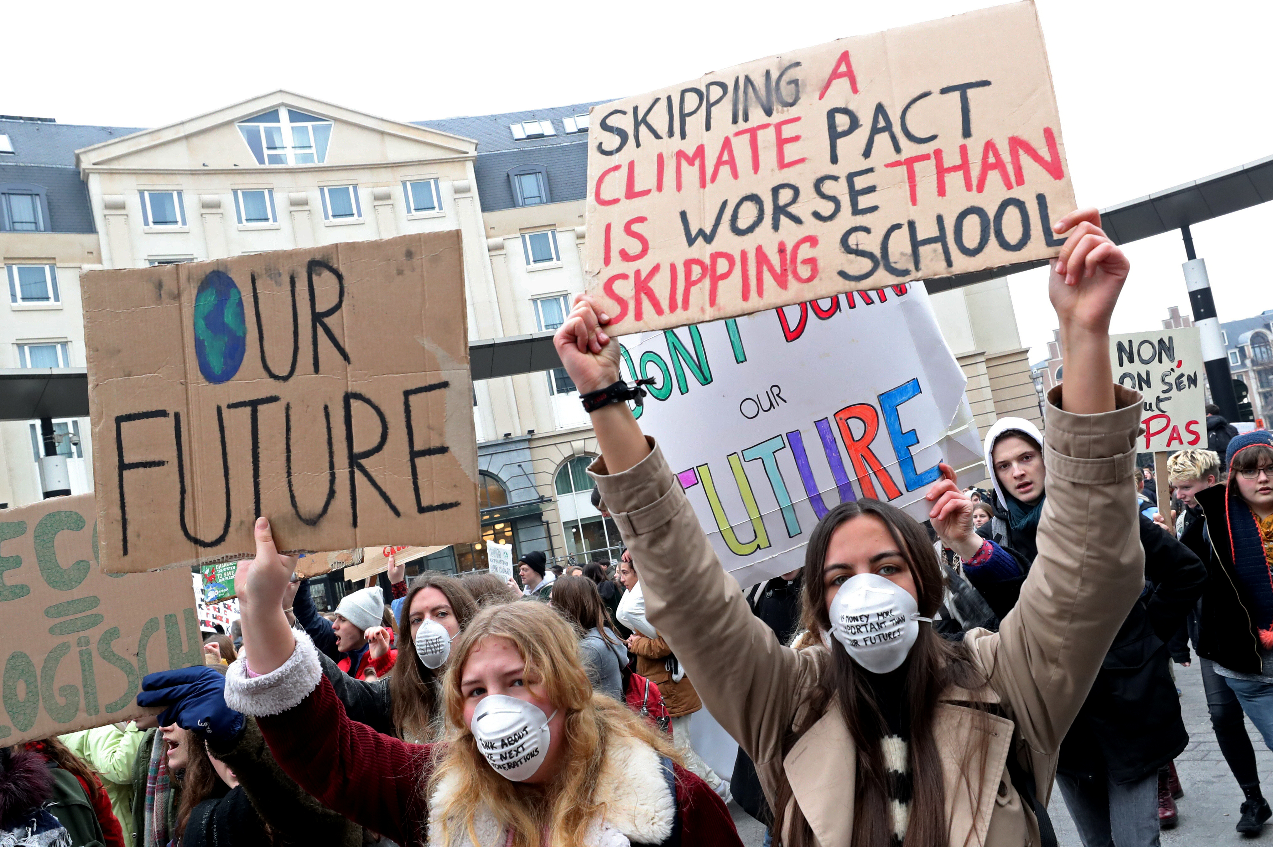 Belgian students claim for urgent measures to combat climate change during a demonstration in central Brussels