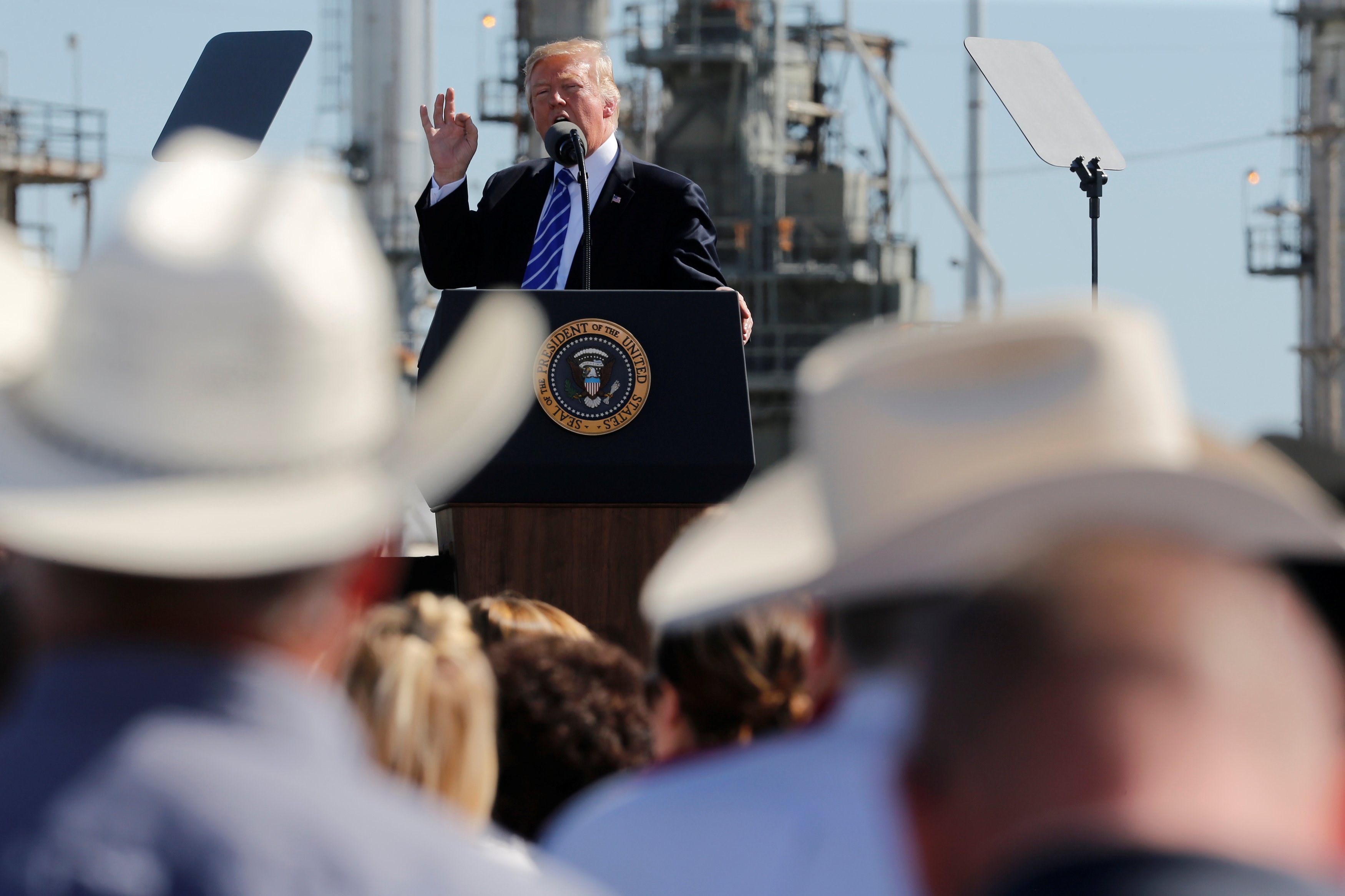 Trump delivers remarks on his proposed changes to the tax code during an event with energy workers at the Andeavor Refinery in Mandan, North Dakota
