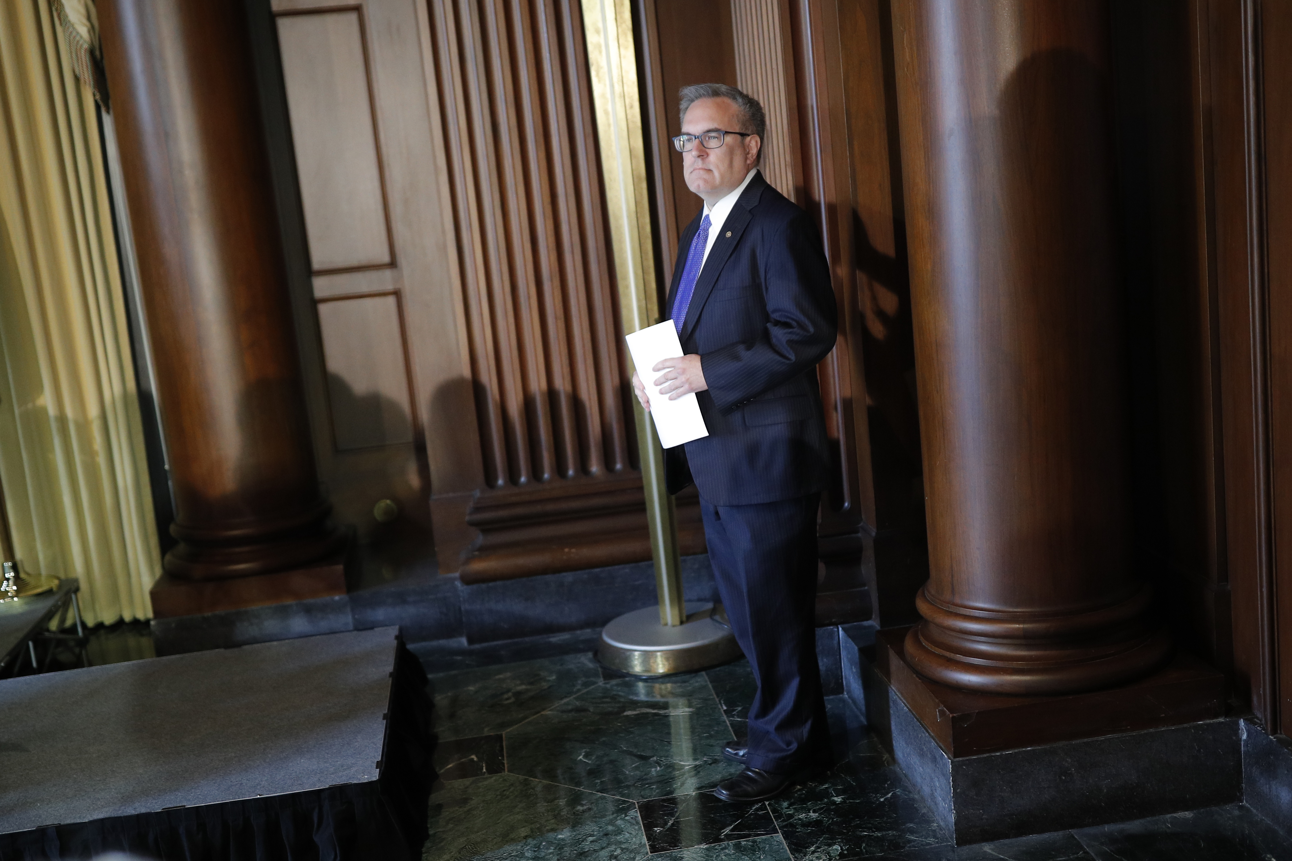 EPA Acting Administrator Wheeler waits to address staff at EPA headquarters in Washington