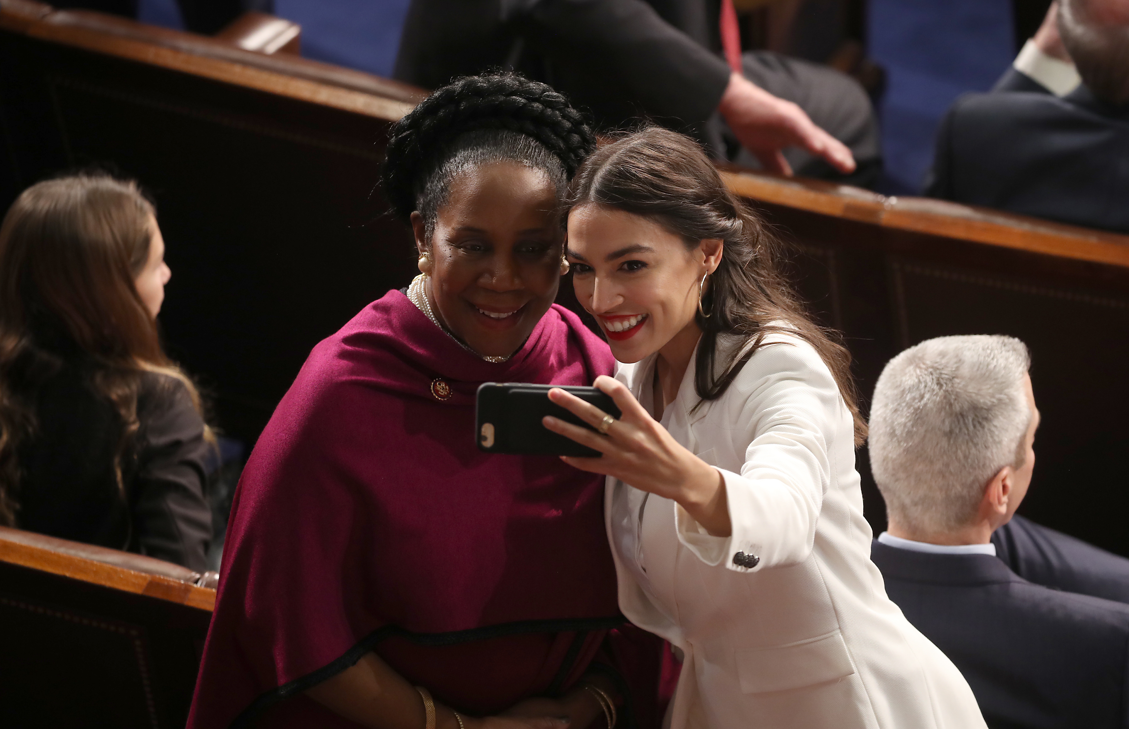 Rep. Alexandria Ocasio-Cortez (D-NY) takes a photo with Rep. Sheila Jackson-Lee (D-TX) prior to the first session of the 116th Congress. (Mark Wilson/Getty Images)