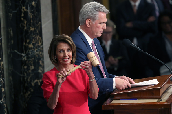 WASHINGTON, DC - JANUARY 03: Speaker of the House Nancy Pelosi (D-CA) receives the gavel from Rep. Kevin McCarthy (R-CA) during the first session of the 116th Congress at the U.S. Capitol January 03, 2019 in Washington, DC. Under the cloud of a partial federal government shutdown, Pelosi reclaimed her former title as speaker and her fellow Democrats took control of the House of Representatives for the second time in eight years. (Photo by Win McNamee/Getty Images)