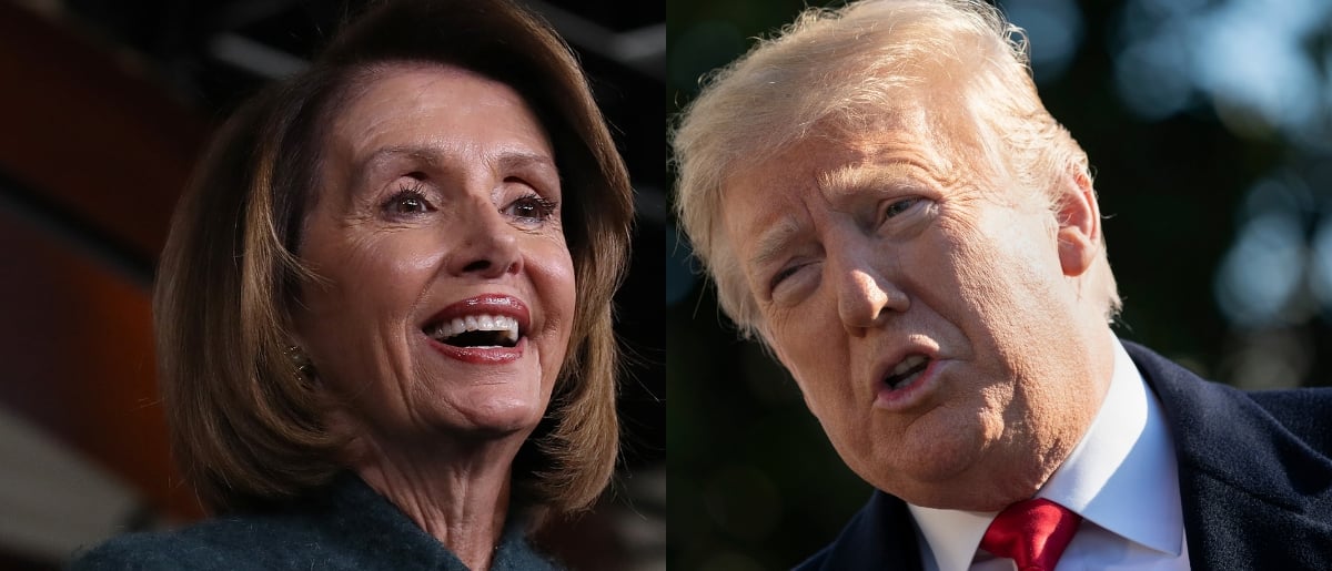 President Donald Trump questioned why House Speaker Nancy Pelosi could receive a paycheck from the government during the shutdown on Jan. 15, 2019. media credit: Win McNamee/Getty Images and Chris Kleponis - Pool/Getty Images
