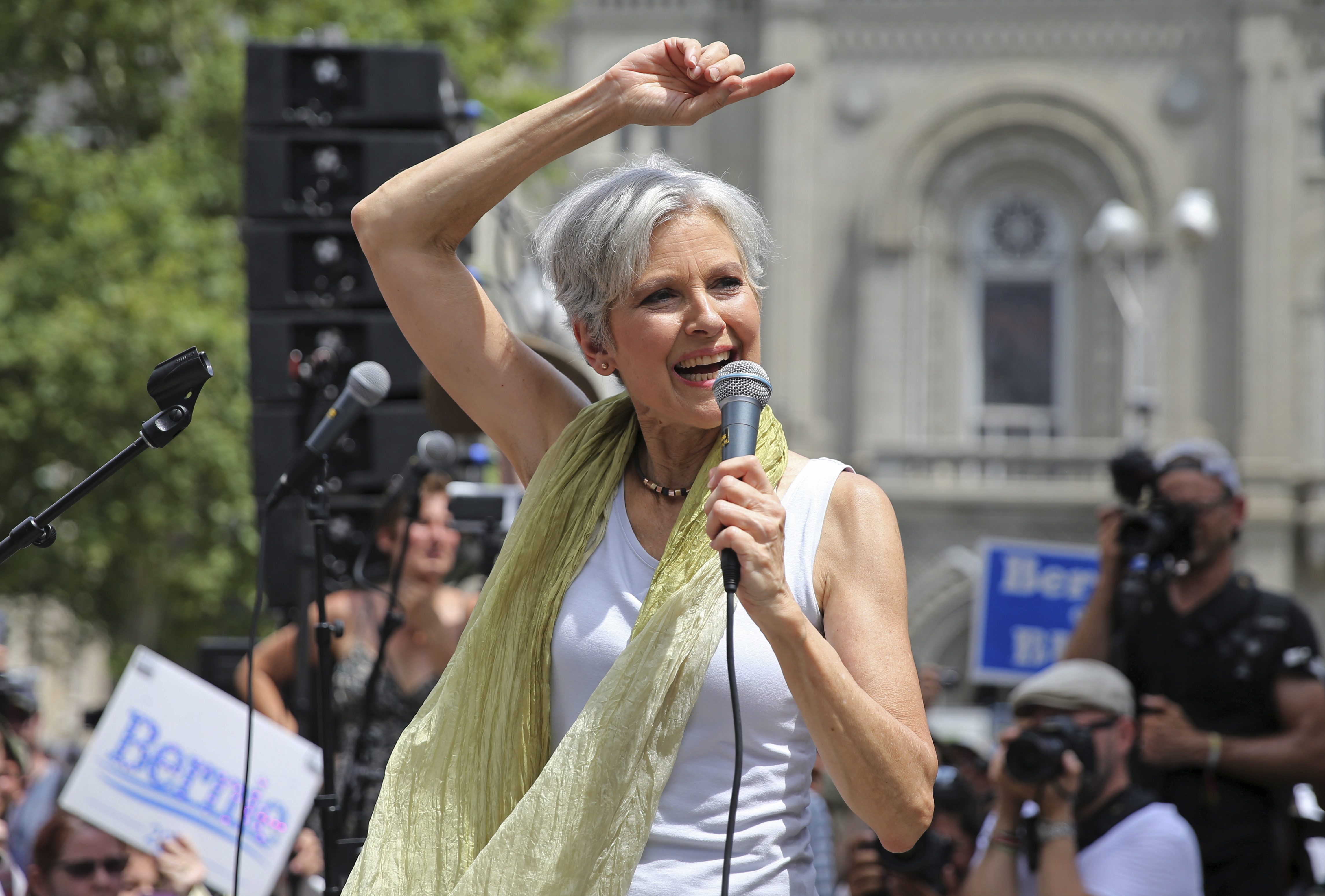 Green Party presidential candidate Jill Stein speaks during a rally of Bernie Sanders supporters outside the Wells Fargo Center on the second day of the Democratic National Convention in Philadelphia, Pennsylvania, July 26, 2016. REUTERS/Dominick Reuter