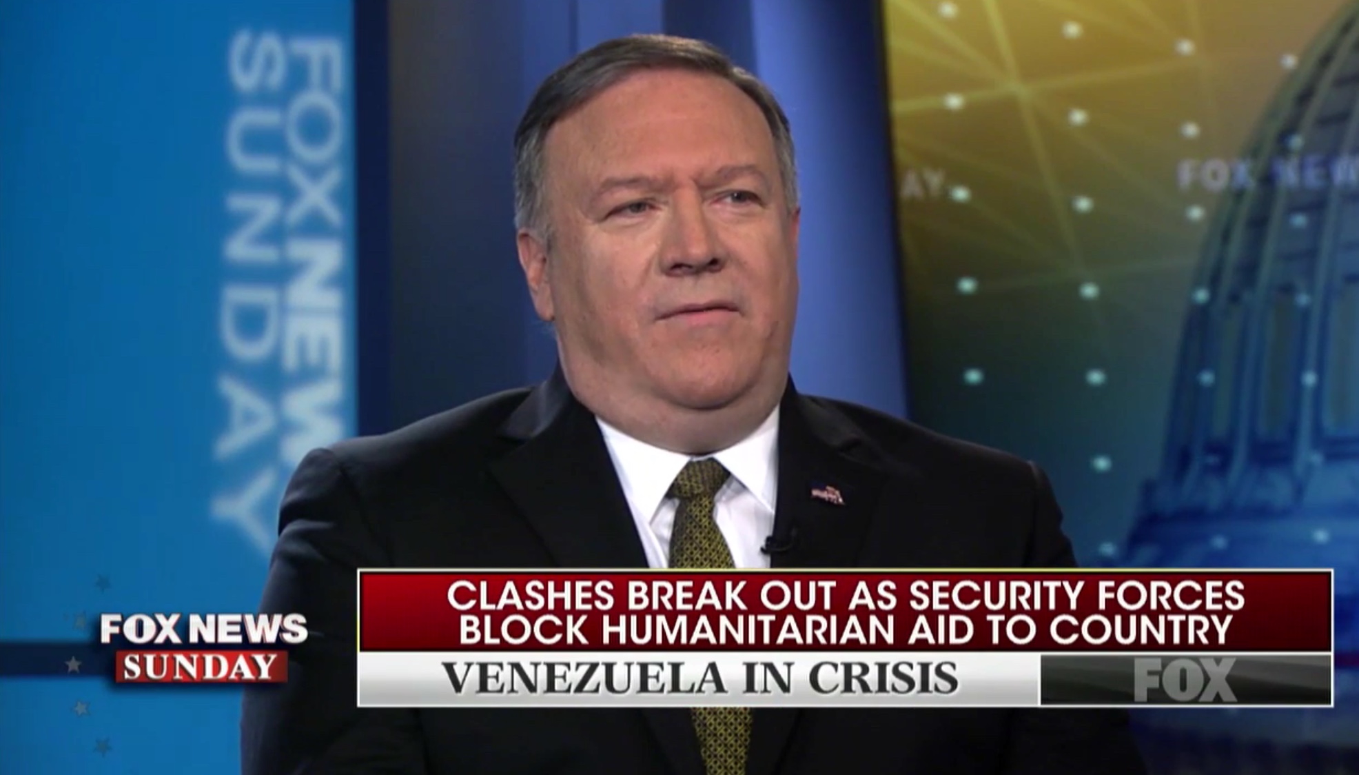Secretary of State Mike Pompeo discusses the Venezuelan crisis on “Fox News Sunday,” Feb. 24, 2019. Fox News screenshot.
