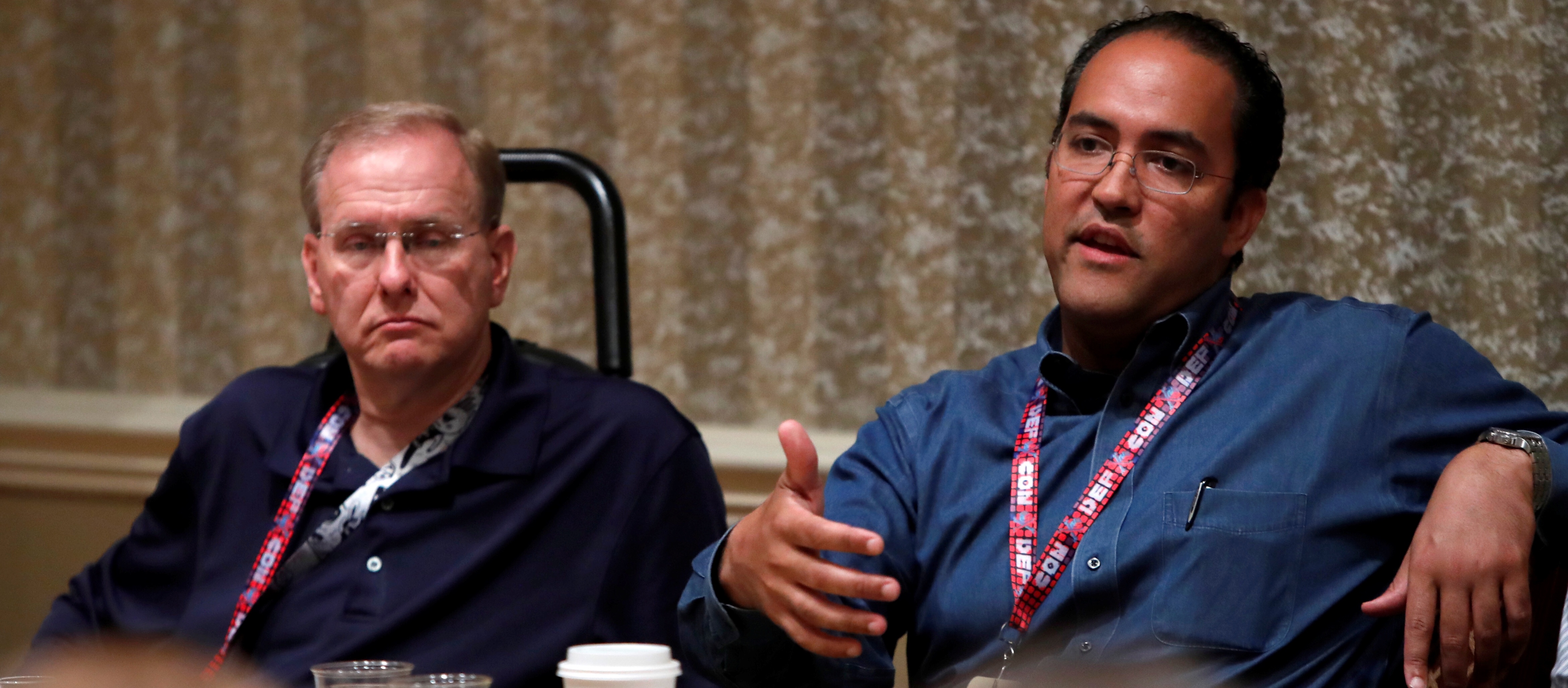 U.S. Congressmen James Langevin (D-RI) and Will Hurd (R-Tex) respond to questions during a session at the Def Con hacker convention in Las Vegas, Nevada, U.S. on July 29, 2017. REUTERS/Steve Marcus 