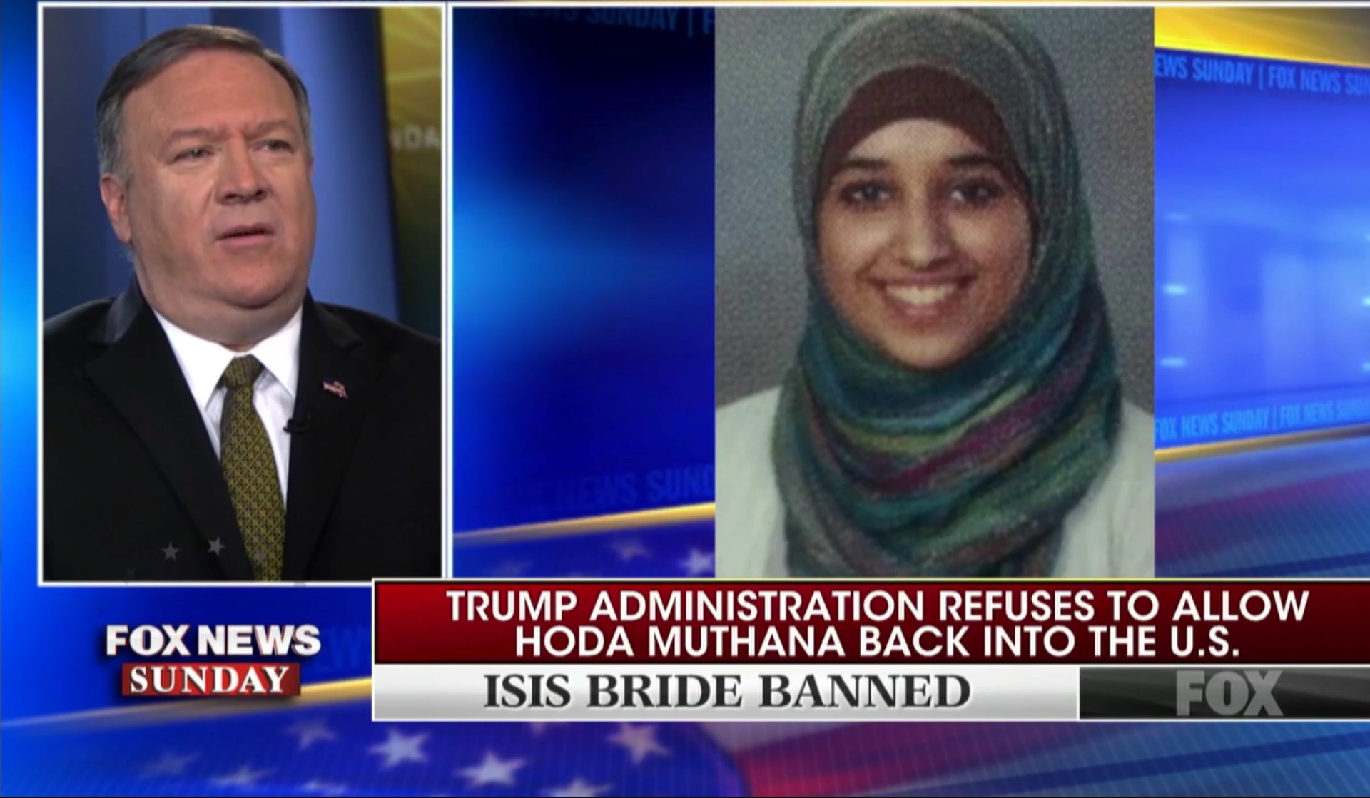 Secretary of State Mike Pompeo appears on “Fox News Sunday” to discuss an ISIS Bride who wants back in the U.S., Feb. 24, 2019. Fox News screenshot.