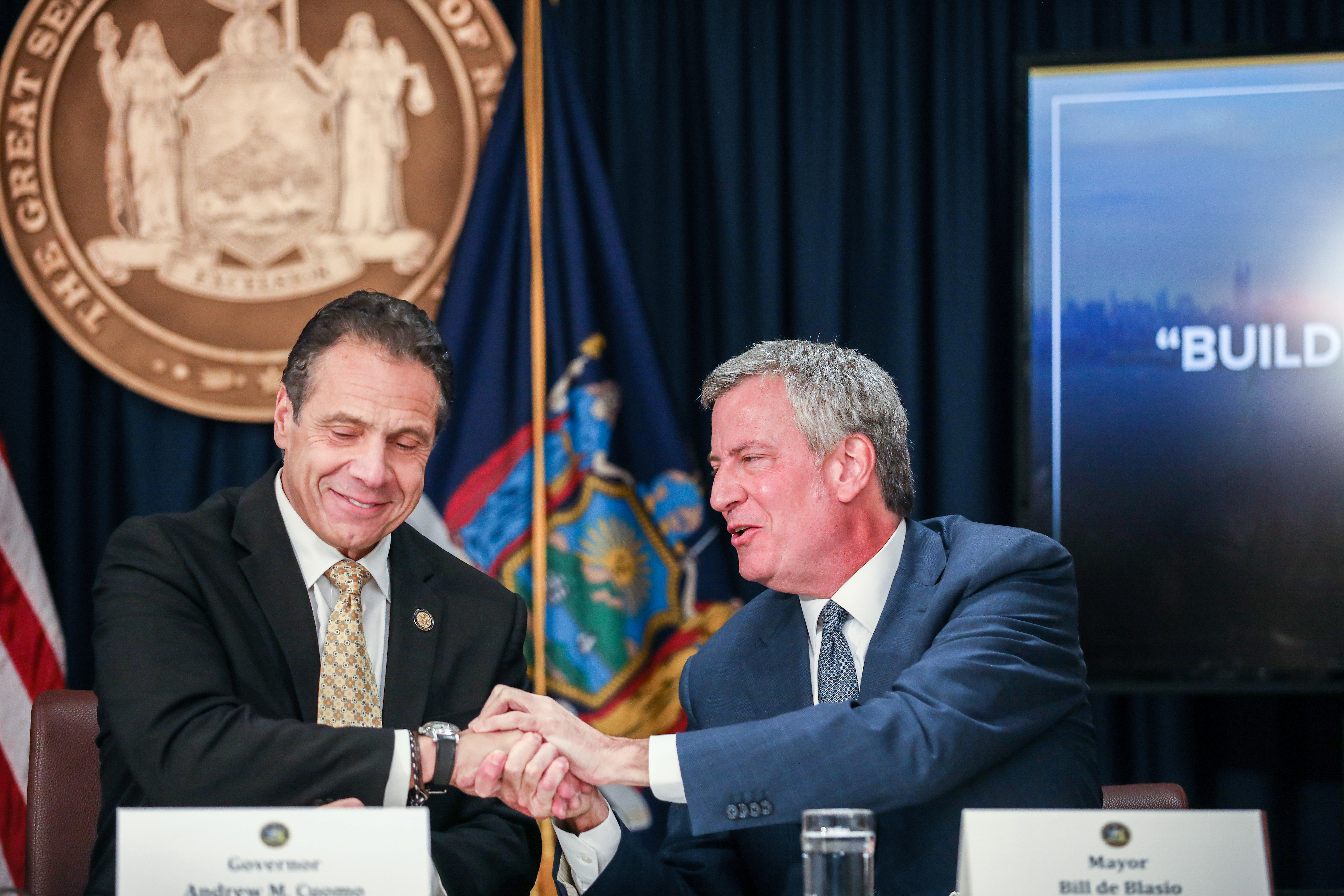 New York Governor Andrew Cuomo and New York Mayor Bill de Blasio speak during a news conference about Amazon's headquarters expansion to Long Island City in the Queens borough of New York, in New York, U.S., November 13, 2018. REUTERS/Jeenah Moon