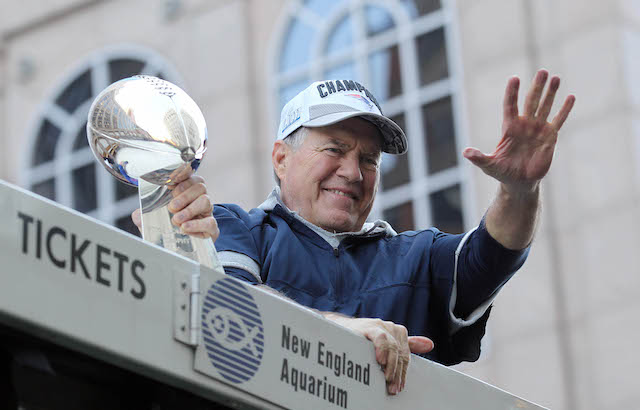 Feb 5, 2019; Boston, MA, USA; New England Patriots head coach Bill Belichick waves to fans during the Super Bowl LIII championship parade. Mandatory Credit: Stew Milne-USA TODAY Sports/Reuters 