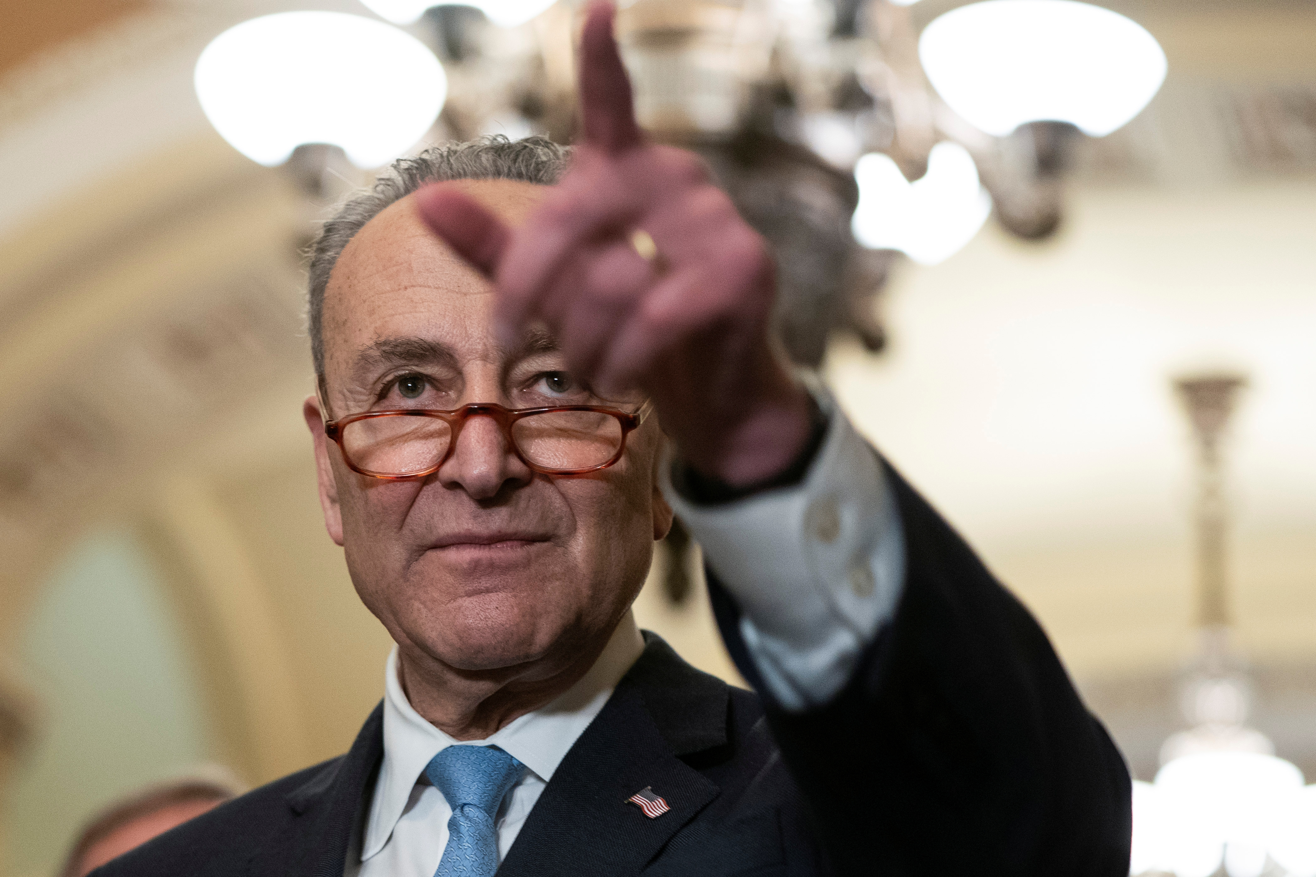 Senate Minority Leader Chuck Schumer (D-NY) speaks to the media after a Senate Democratic Caucus lunch on Capitol Hill in Washington, U.S., February 5, 2019. REUTERS/Joshua Roberts