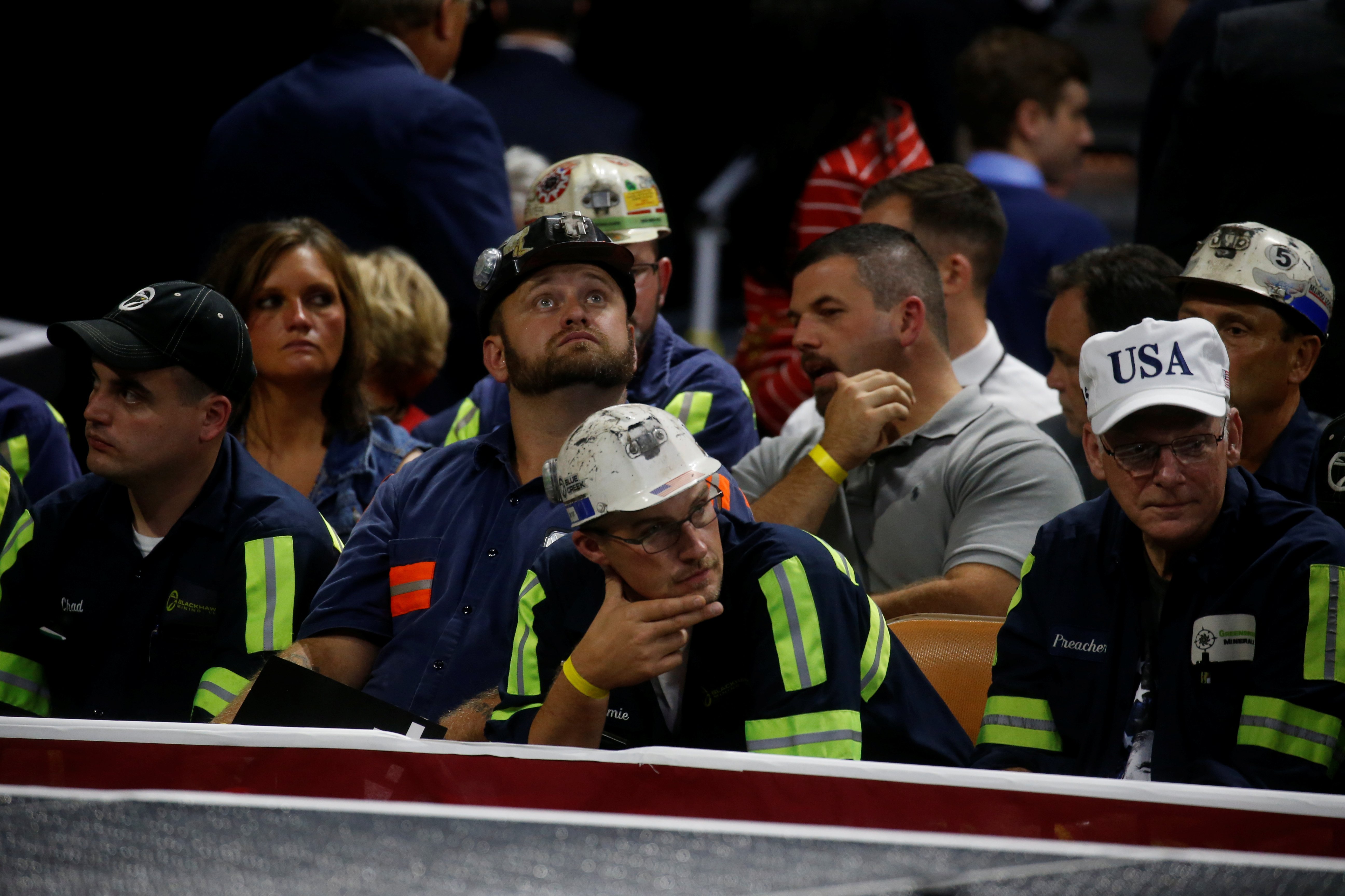 Coal miners attend a Make America Great Again rally at the Civic Center in Charleston, West Virginia, U.S., August 21, 2018. REUTERS/Leah Millis