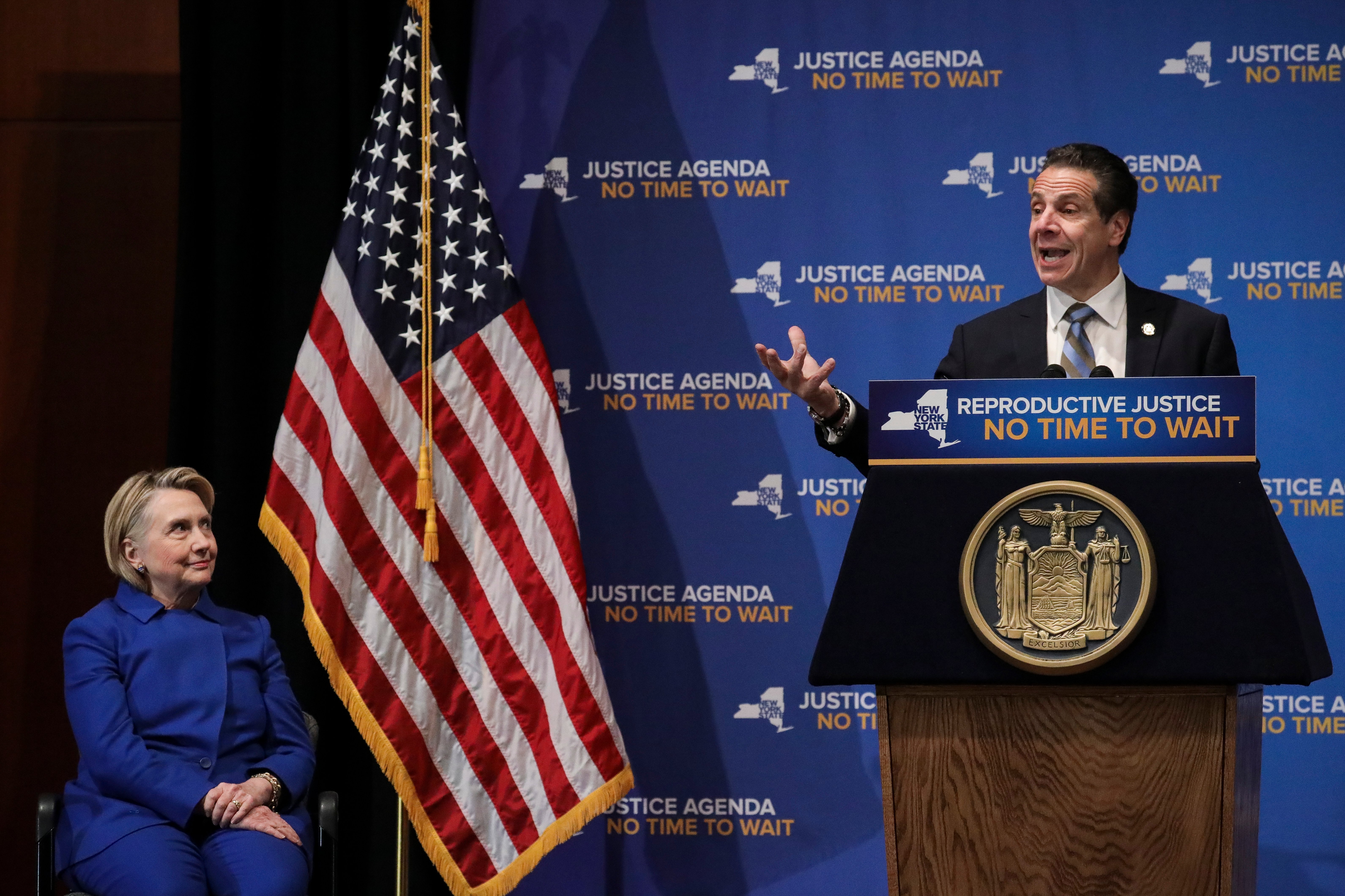 NEW YORK, NY - JANUARY 7: (L-R) Former Secretary of State Hillary Clinton looks on as New York Governor Andrew Cuomo speaks about reproductive rights at Barnard College, January 7, 2019 in New York City. (Photo by Drew Angerer/Getty Images)