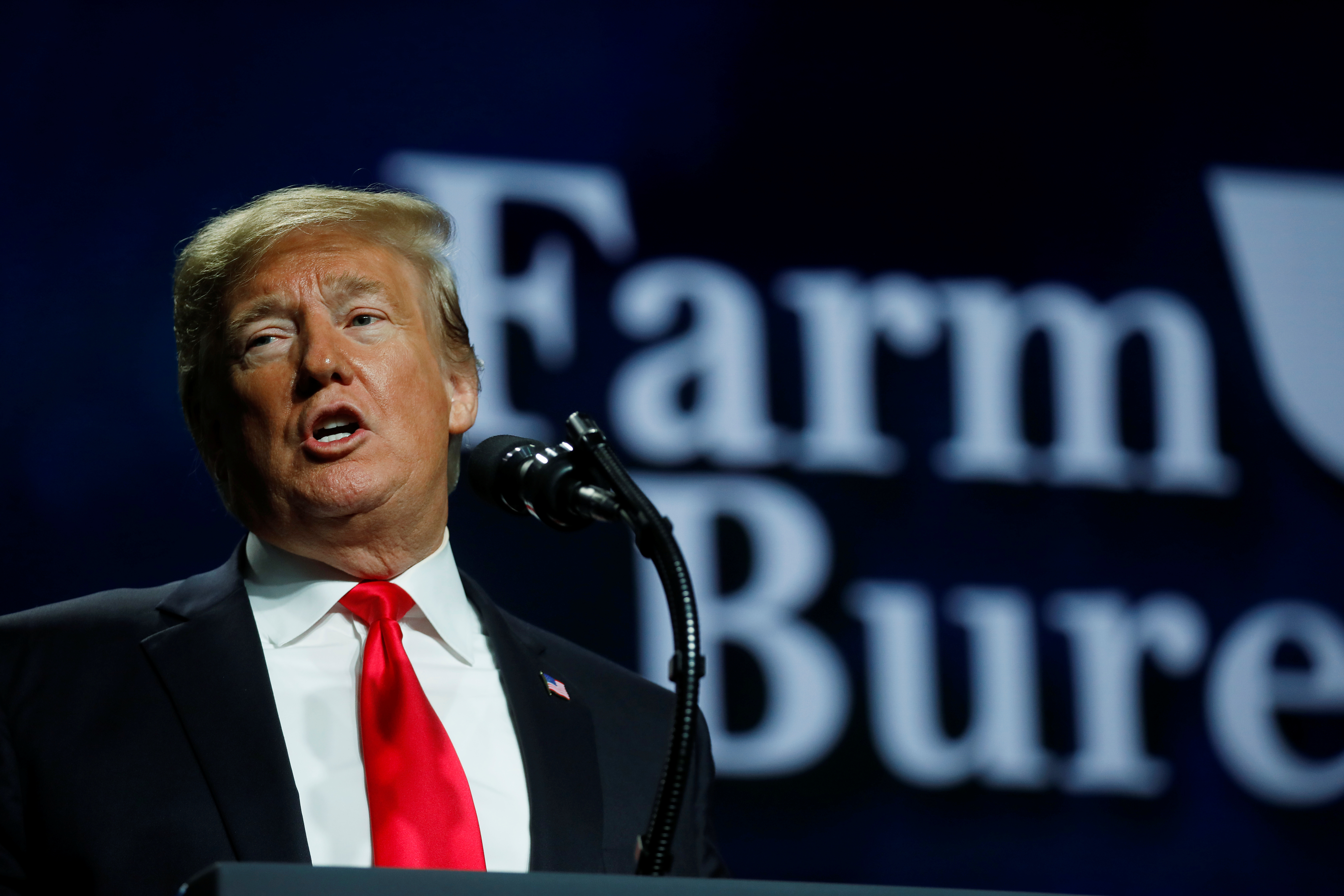 U.S. President Donald Trump addresses the National Farm Bureau Federation's 100th convention in New Orleans, Louisiana, U.S., January 14, 2019. REUTERS/Carlos Barria