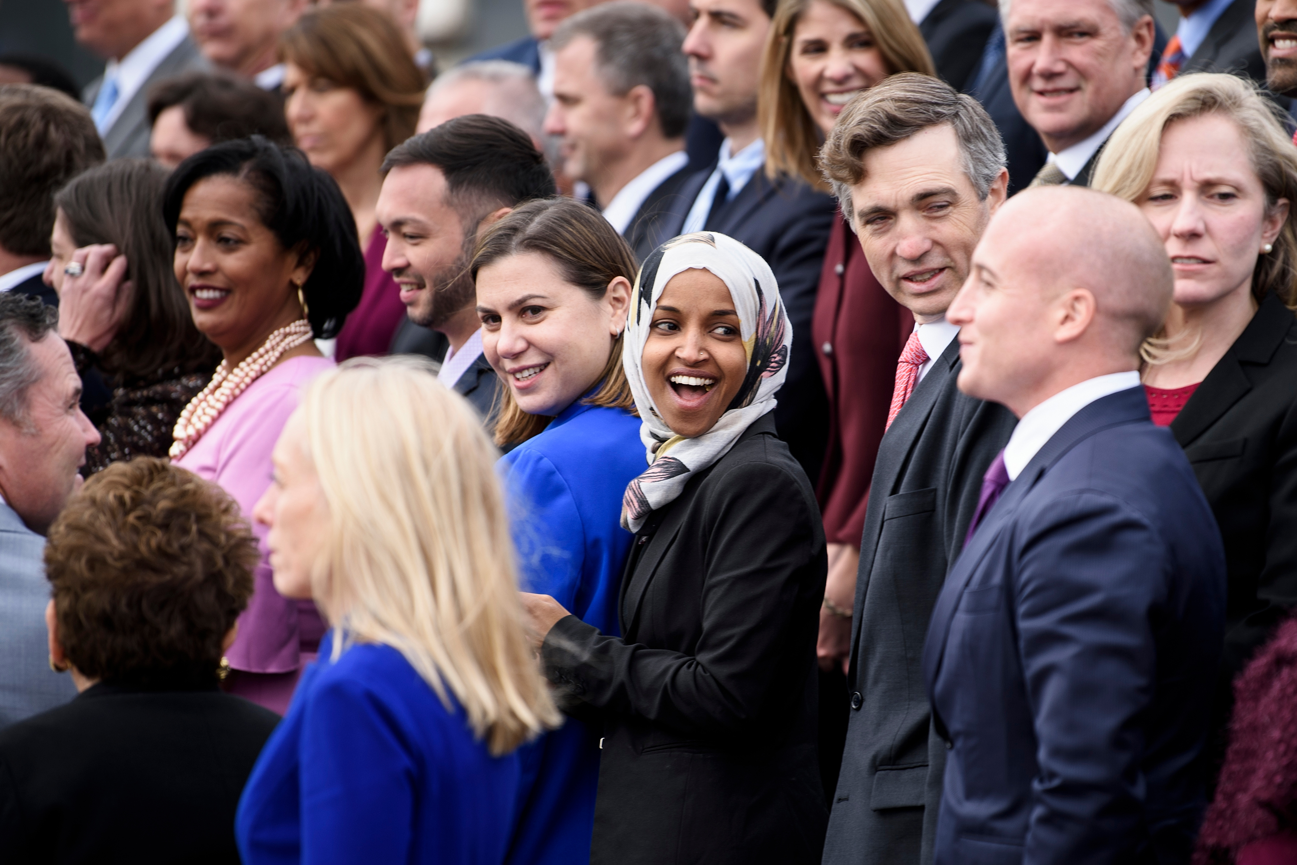 Incoming Rep. Ilhan Omar and other freshman members of the 116th Congress pose for a group photo on Capitol Hill November 14, 2018 in Washington, DC. (BRENDAN SMIALOWSKI/AFP/Getty Images)