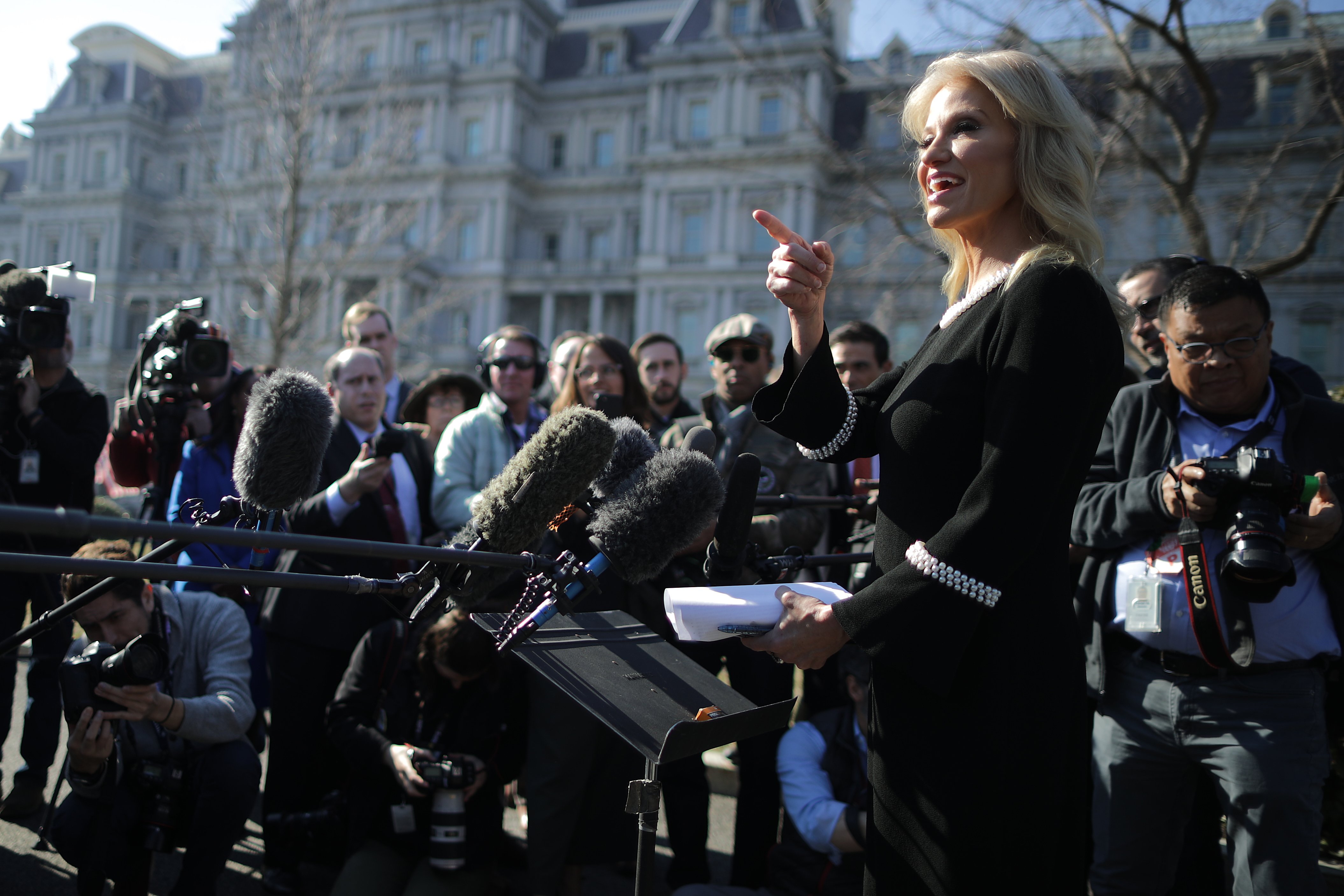 White House Counselor to the President Kellyanne Conway talks to journalists outside the West Wing at the White House February 04, 2019 in Washington, DC. (Photo by Chip Somodevilla/Getty Images)