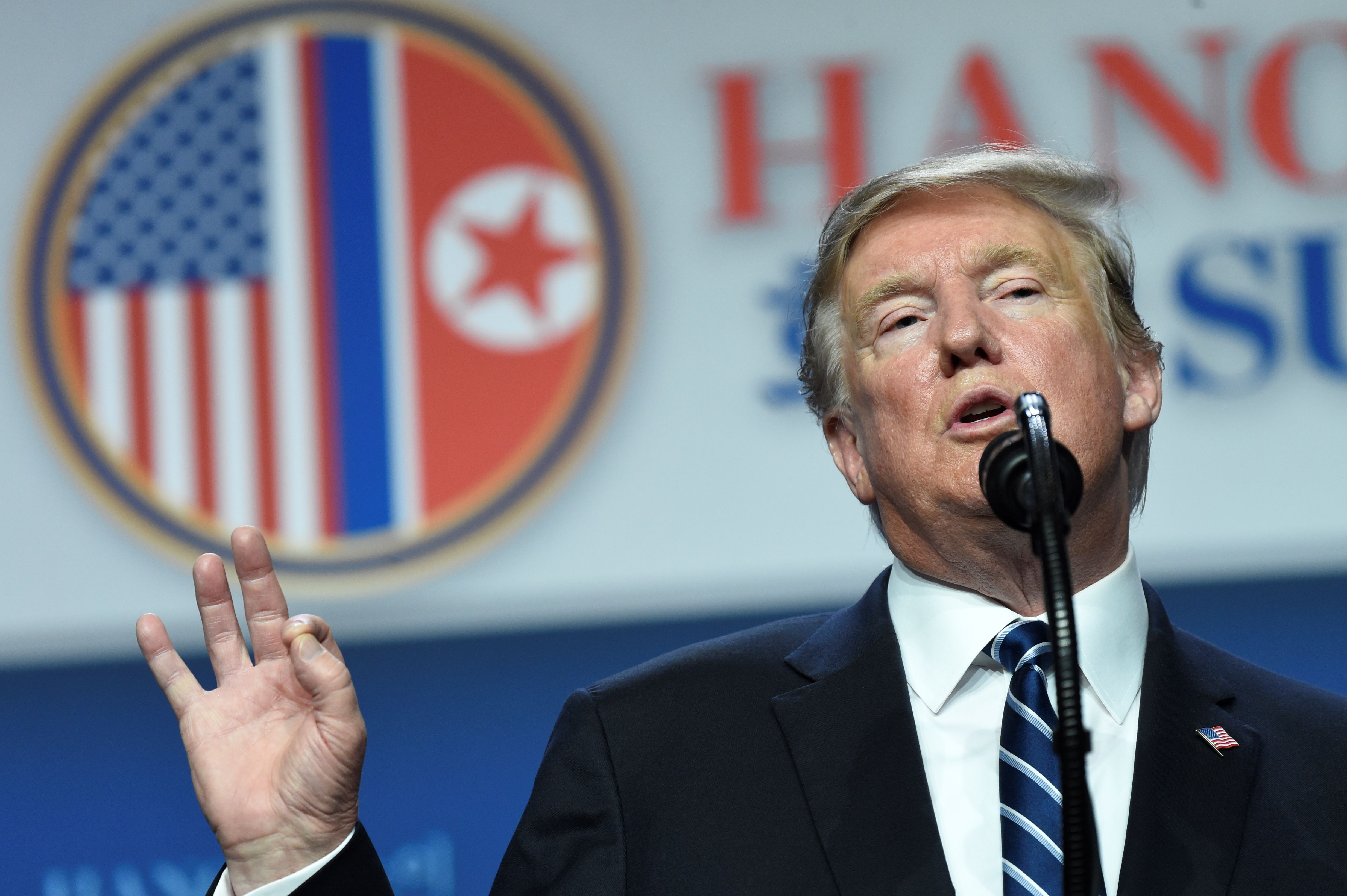 US President Donald Trump speaks during a press conference following the second US-North Korea summit in Hanoi on February 28, 2019. - The nuclear summit between US President Donald Trump and Kim Jong Un in Hanoi ended without an agreement on February 28, the White House said after the two leaders cut short their discussions. (Photo by SAUL LOEB/AFP/Getty Images)