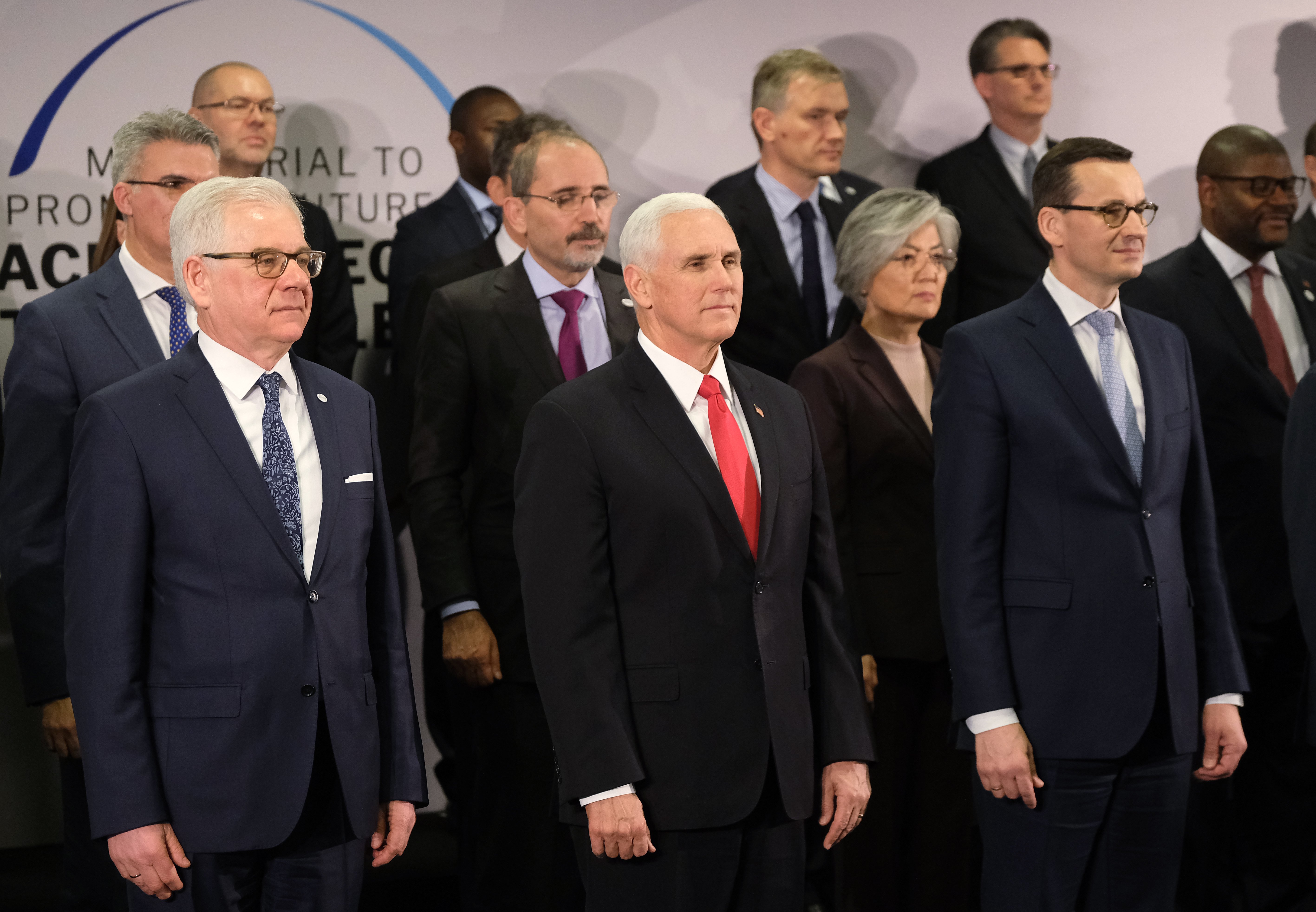 WARSAW, POLAND - FEBRUARY 14: U.S. Vice President Mike Pence (C) stands next to Polish Prime Minister Mateusz Morawiecki (R) and Polish Foreign Minister Jazek Czaputowicz at the group photo at the Ministerial to Promote a Future of Peace and Security in the Middle East on February 14, 2019 in Warsaw, Poland. (Sean Gallup/Getty Images)