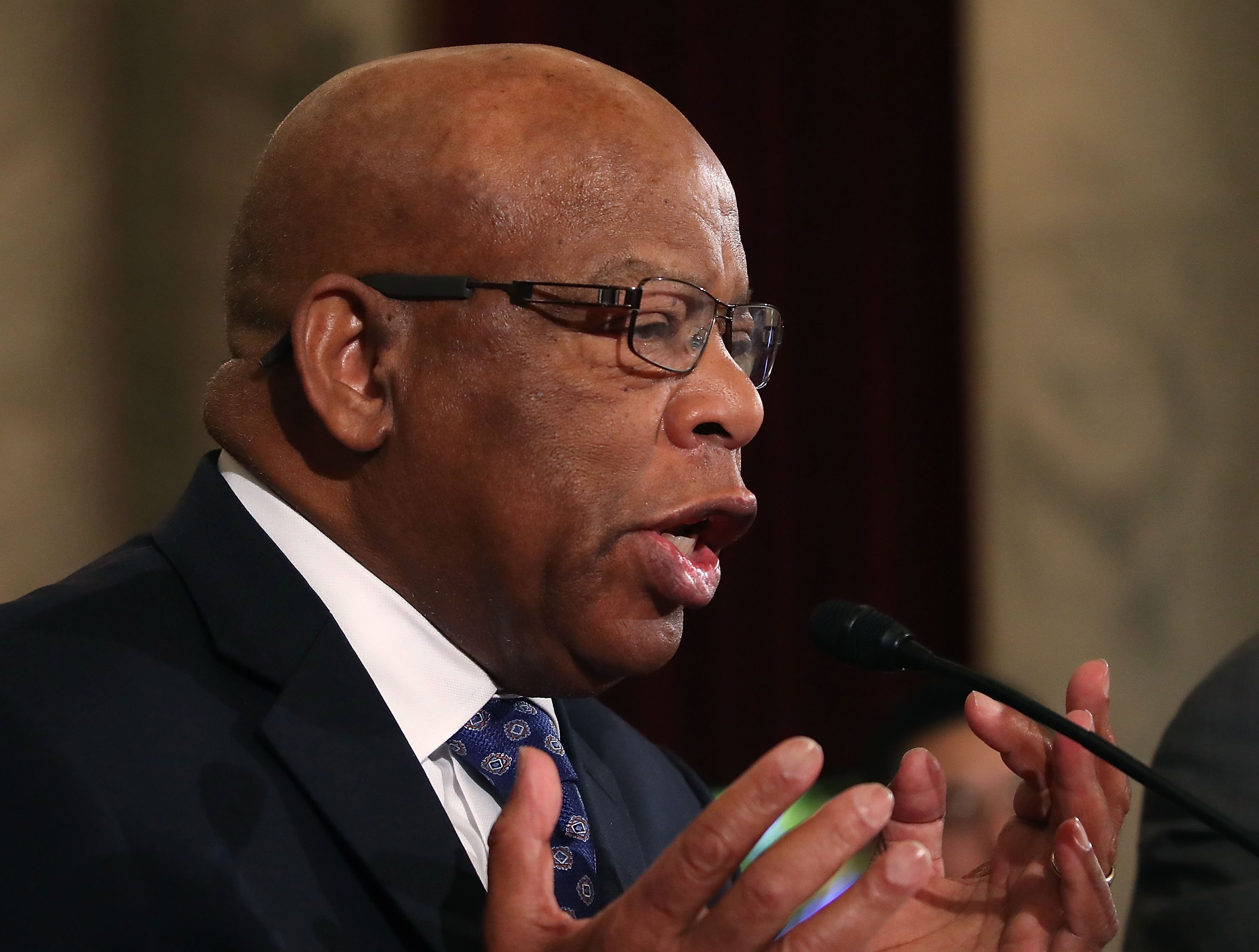 Rep. John Lewis, reads a statement speaking out against Attorney General nominee Jeff Sessions, during a Senate Judiciary Committee hearing on Capitol Hill, January 11, 2017 in Washington, DC. The committee is on its second day of the Sessions confirmation hearing. (Photo by Mark Wilson/Getty Images)