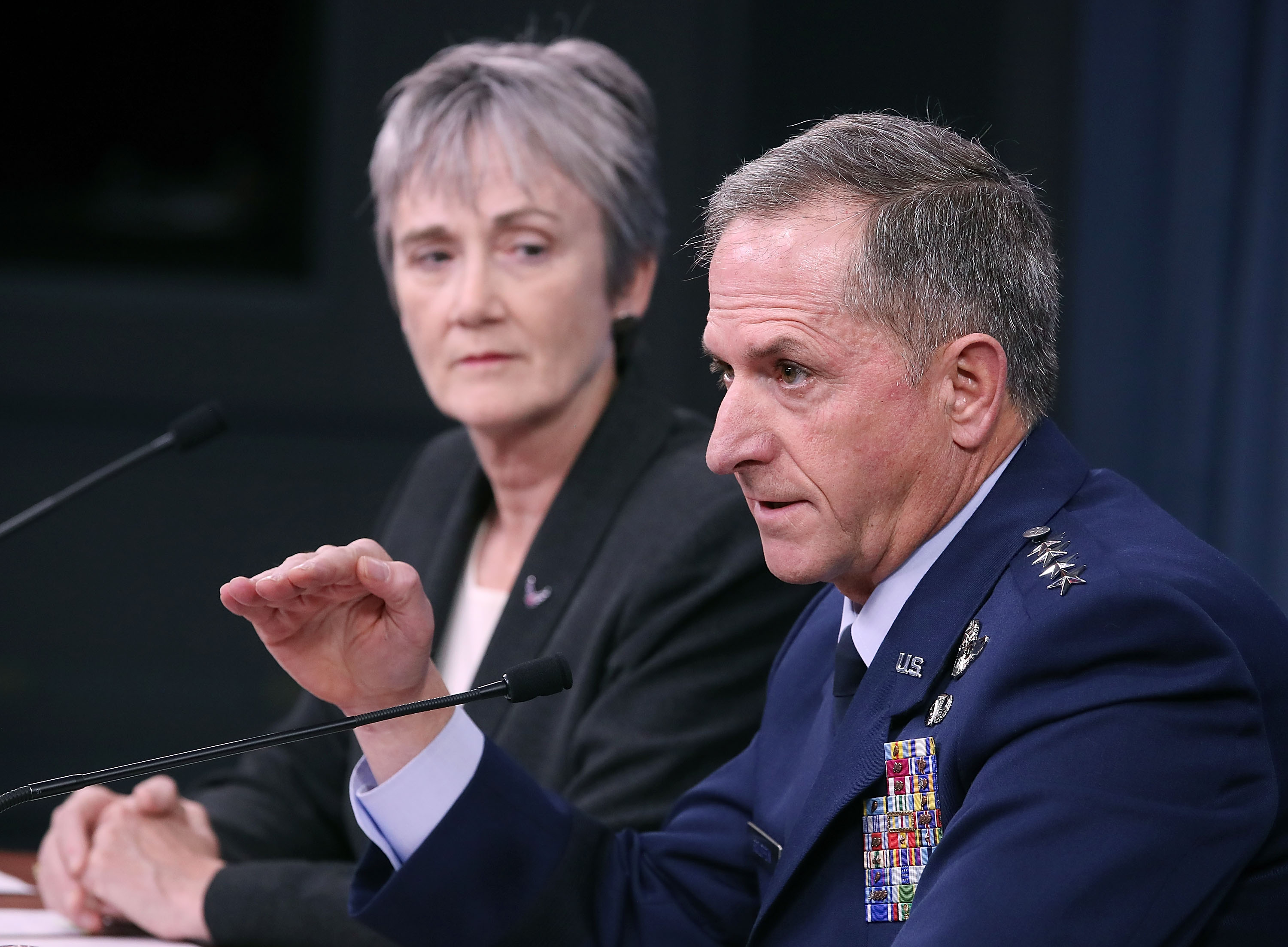 Air Force Secretary Heather Wilson and Air Force Chief of Staff Gen. David Goldfein brief the media on the state of the Air Force and the situation with Texas Church shooter Devin Kelley, at the Pentagon on November 9, 2017 in Arlington, Virginia. (Photo by Mark Wilson/Getty Images)
