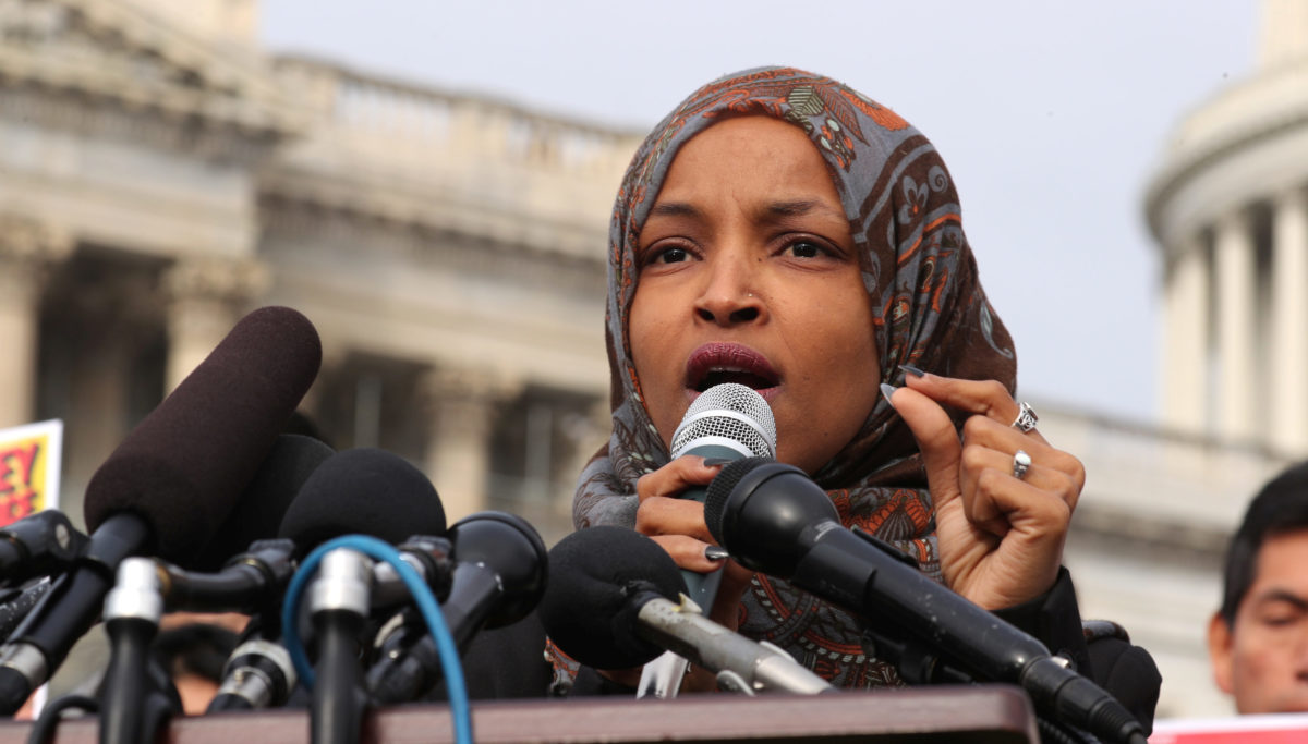 U.S. Representative Ilhan Omar participates in a news conference to call on Congress to cut funding for ICE (Immigration and Customs Enforcement), at the U.S. Capitol in Washington
