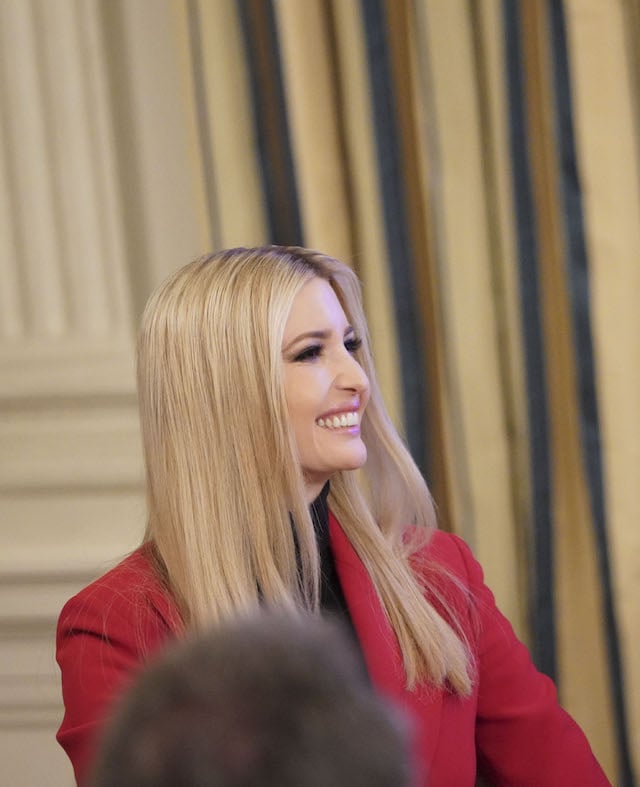 White House Advisor Ivanka Trump smiles as US President Donald Trump speaks during the 2019 White House business session with governors in the State Dining Room of the White House in Washington, DC on February 25, 2019. (Photo credit: MANDEL NGAN/AFP/Getty Images)