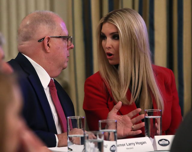 Maryland Governor Larry Hogan speaks with Ivanka Trump during the 2019 White House Business Session with the Nation‚Äôs Governors, in State Dining Room at the White House on February 25, 2019 in Washington, DC. (Photo by Mark Wilson/Getty Images)