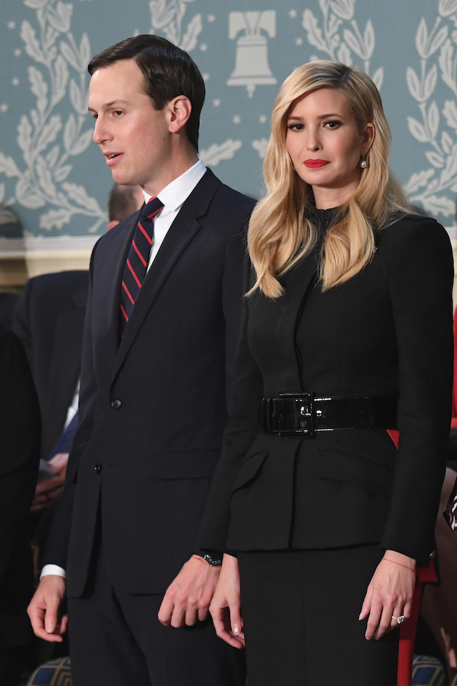 Senior Advisor to the President Ivanka Trump (R) and husband Senior Advisor to the President Jared Kushner arrive to attend the State of the Union address at the US Capitol in Washington, DC, on February 5, 2019. (Photo credit: SAUL LOEB/AFP/Getty Images)