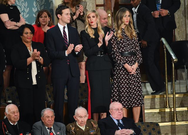 Special guest of the President Alice Johnson (L) is seen alongside Trump family members, from (L-R) Jared Kushner, Ivanka Trump, and Lara Trump, ahead of US President Donald Trump's State of the Union address at the US Capitol in Washington, DC, on February 5, 2019. (Photo credit: MANDEL NGAN/AFP/Getty Images)