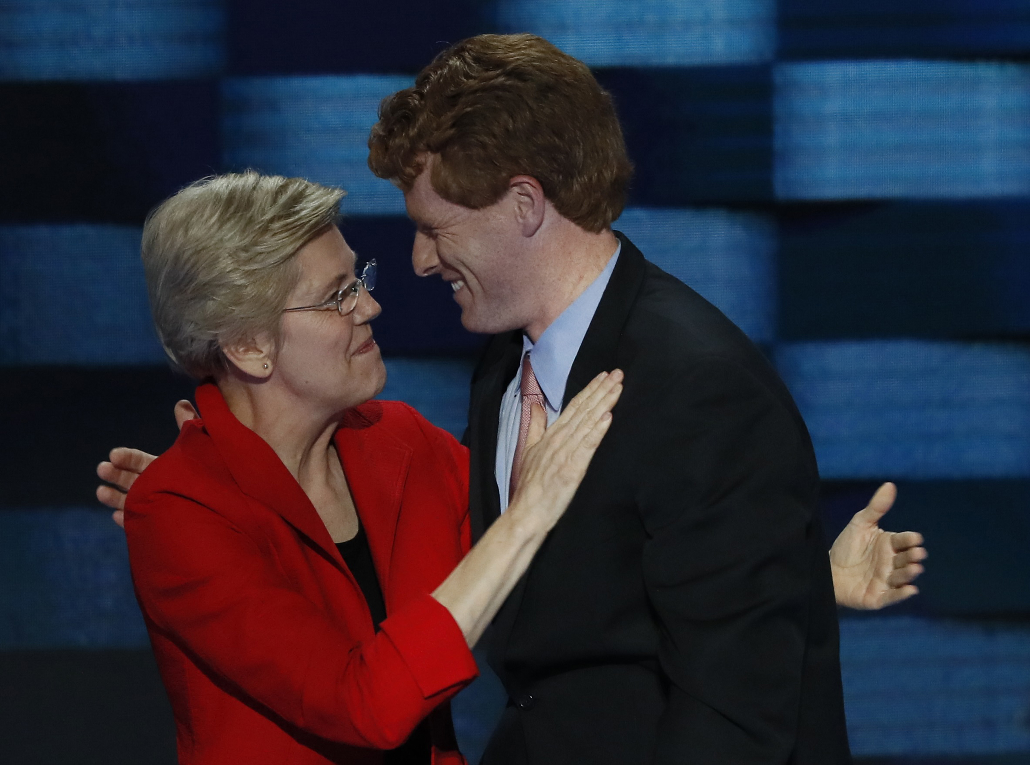 Sen. Elizabeth Warren embraces Rep. Joseph Kennedy at the Democratic National Convention in Philadelphia in 2016. REUTERS/Mike Segar