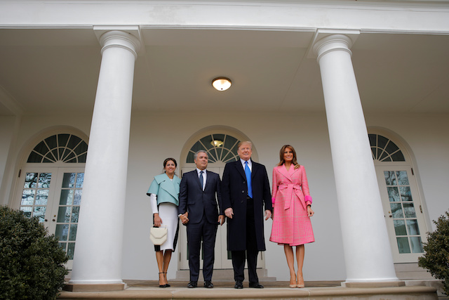 U.S. President Donald Trump and first lady Melania Trump stand with Colombian President Ivan Duque and his wife Maria Juliana Ruiz after their arrival at the White House in Washington, U.S., February 13, 2019. REUTERS/Carlos Barria