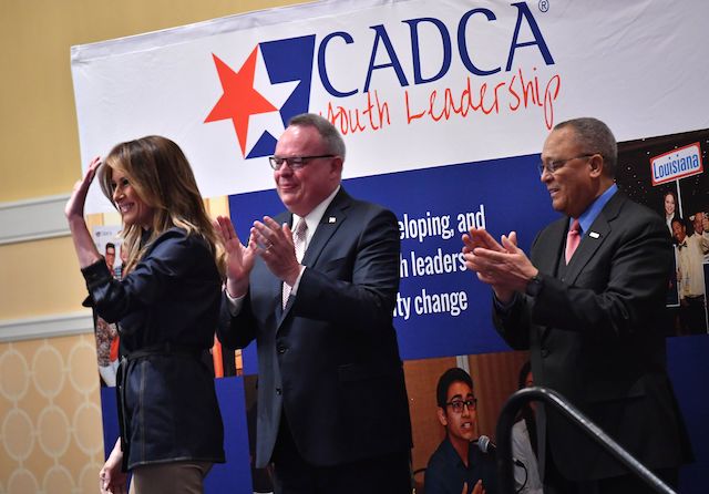 US First Lady Melania Trump arrives to speak during the Community Anti-Drug Coalitions of America (CADCA) National Leadership Forum in National Harbor, Maryland, on February 7, 2019. (Photo credit: MANDEL NGAN/AFP/Getty Images)