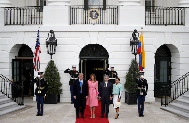 President Donald Trump and first lady Melania Trump welcome Colombian President Ivan Duque Marquez and first lady Maria Juliana Ruiz Sandoval to the White House February 13, 2019 in Washington, DC. Marquez and Trump are expected to discuss a range of bilateral issues during their meetings. (Photo by Win McNamee/Getty Images)