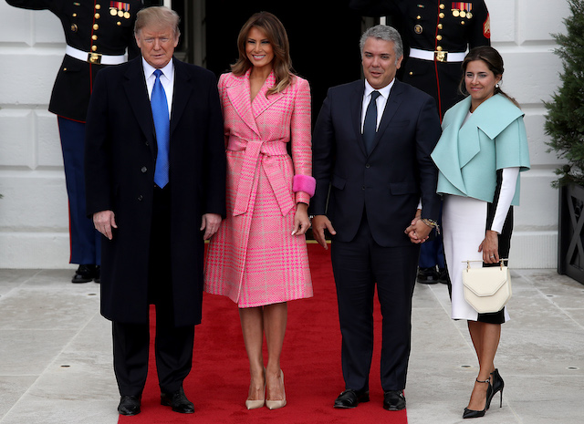 U.S. President Donald Trump and first lady Melania Trump welcome Colombian President Ivan Duque Marquez and first lady Maria Juliana Ruiz Sandoval to the White House February 13, 2019 in Washington, DC. Marquez and Trump are expected to discuss a range of bilateral issues during their meetings. (Photo by Win McNamee/Getty Images)