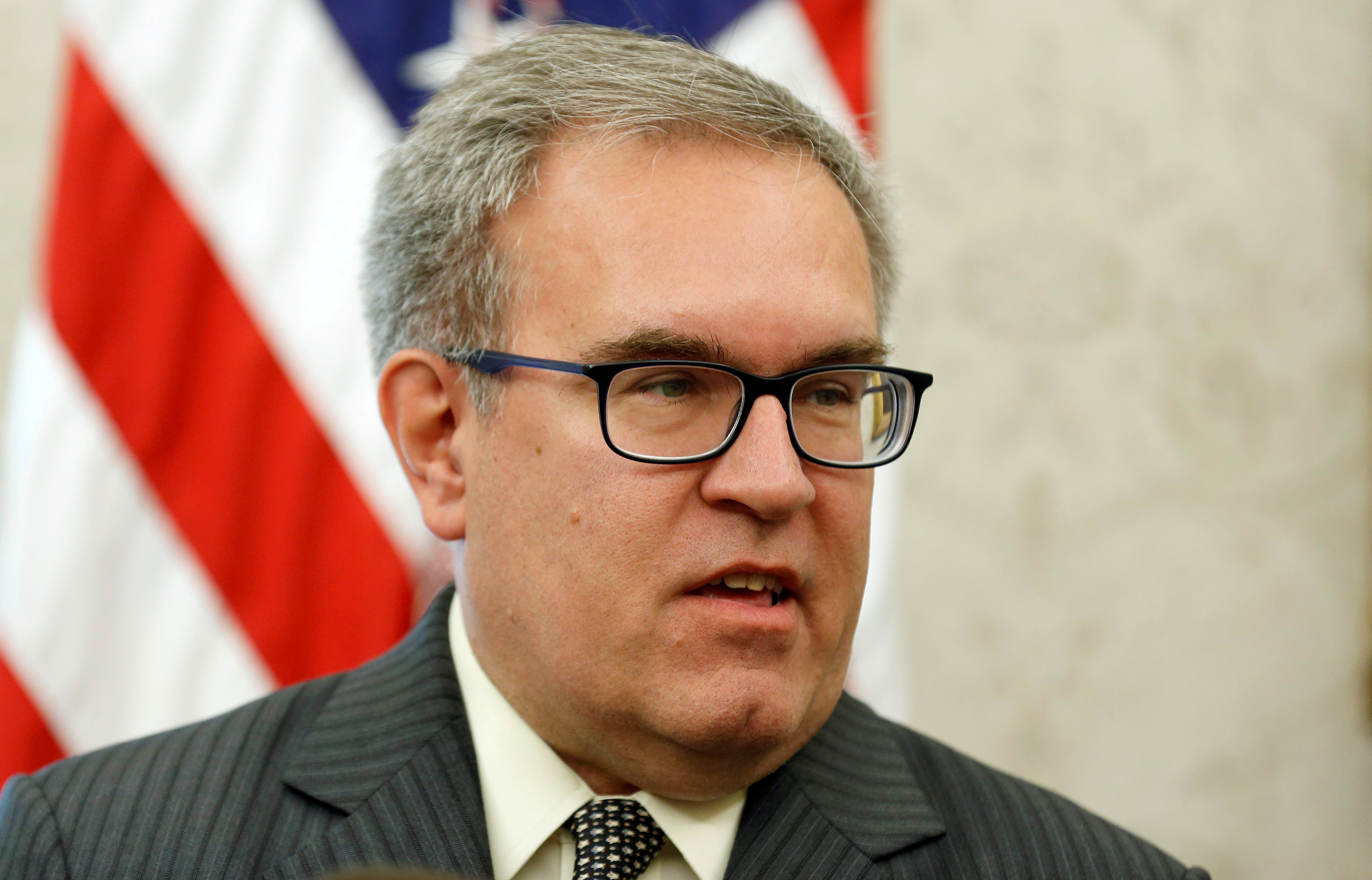 Acting Administrator of the Environmental Protection Agency Andrew Wheeler speaks during an event in the Oval Office of the White House in Washington