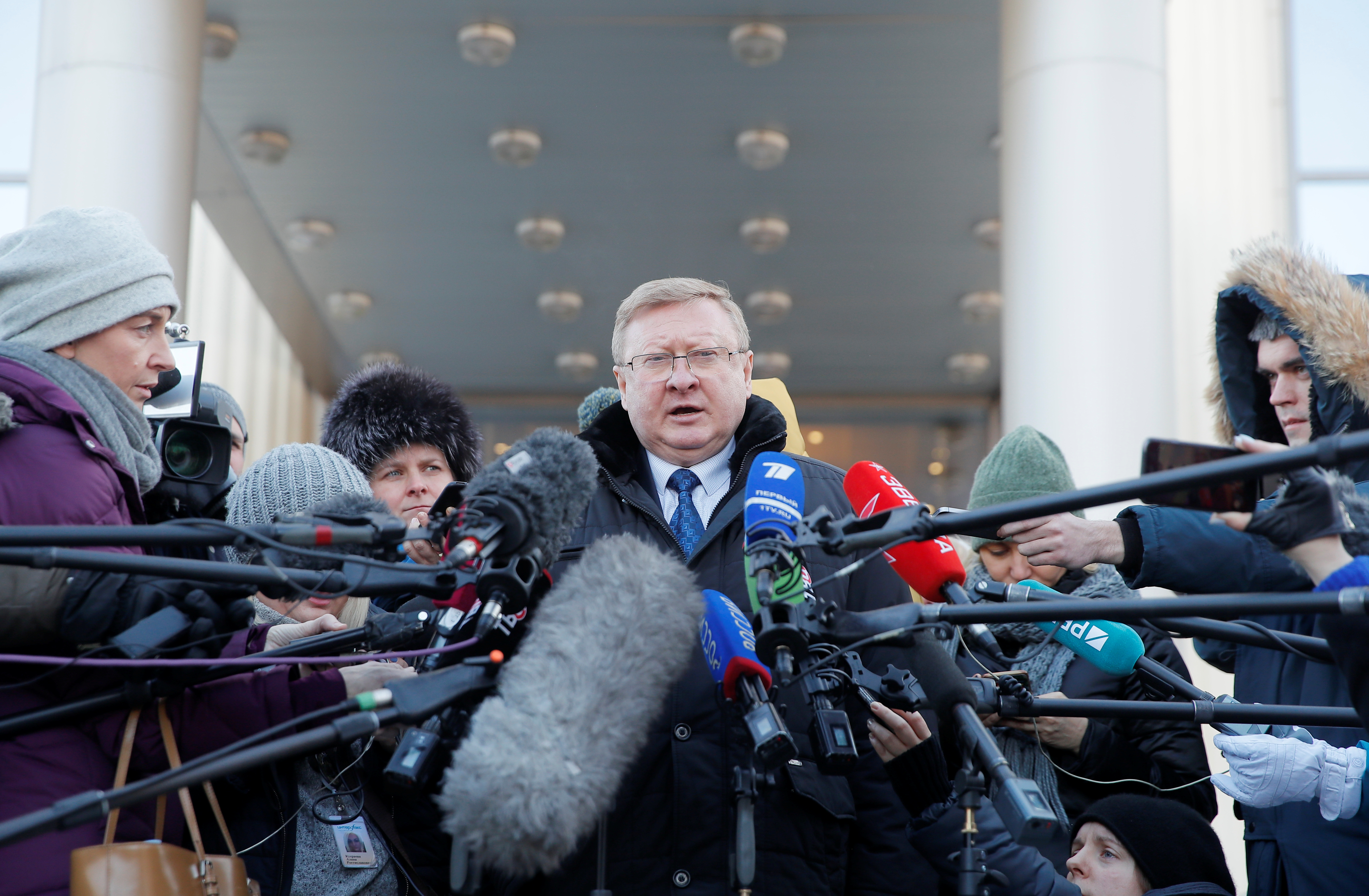 Vladimir Zherebenkov, lawyer of former U.S. marine Paul Whelan, who was detained by Russia's FSB security service on suspicion of spying, addresses the media outside a court building in Moscow, Russia January 22, 2019. REUTERS/Maxim Shemetov