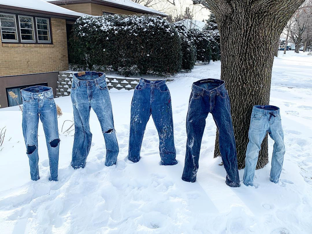 Frozen pants stand alone in Saint Anthony Village, Minnesota