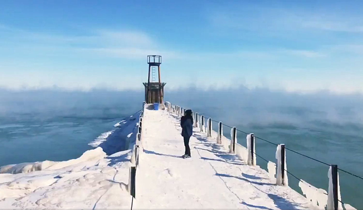 A view of the pier on Lake Michigan during subzero temperatures due to the polar vortex weather system in Chicago