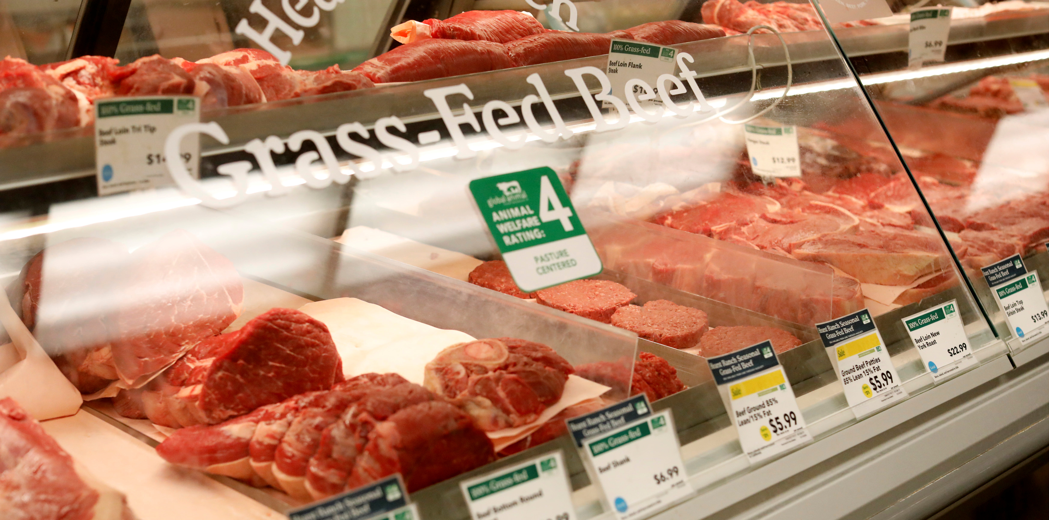 Grass-fed beef products are pictured at a Whole Foods Market in Pasadena
