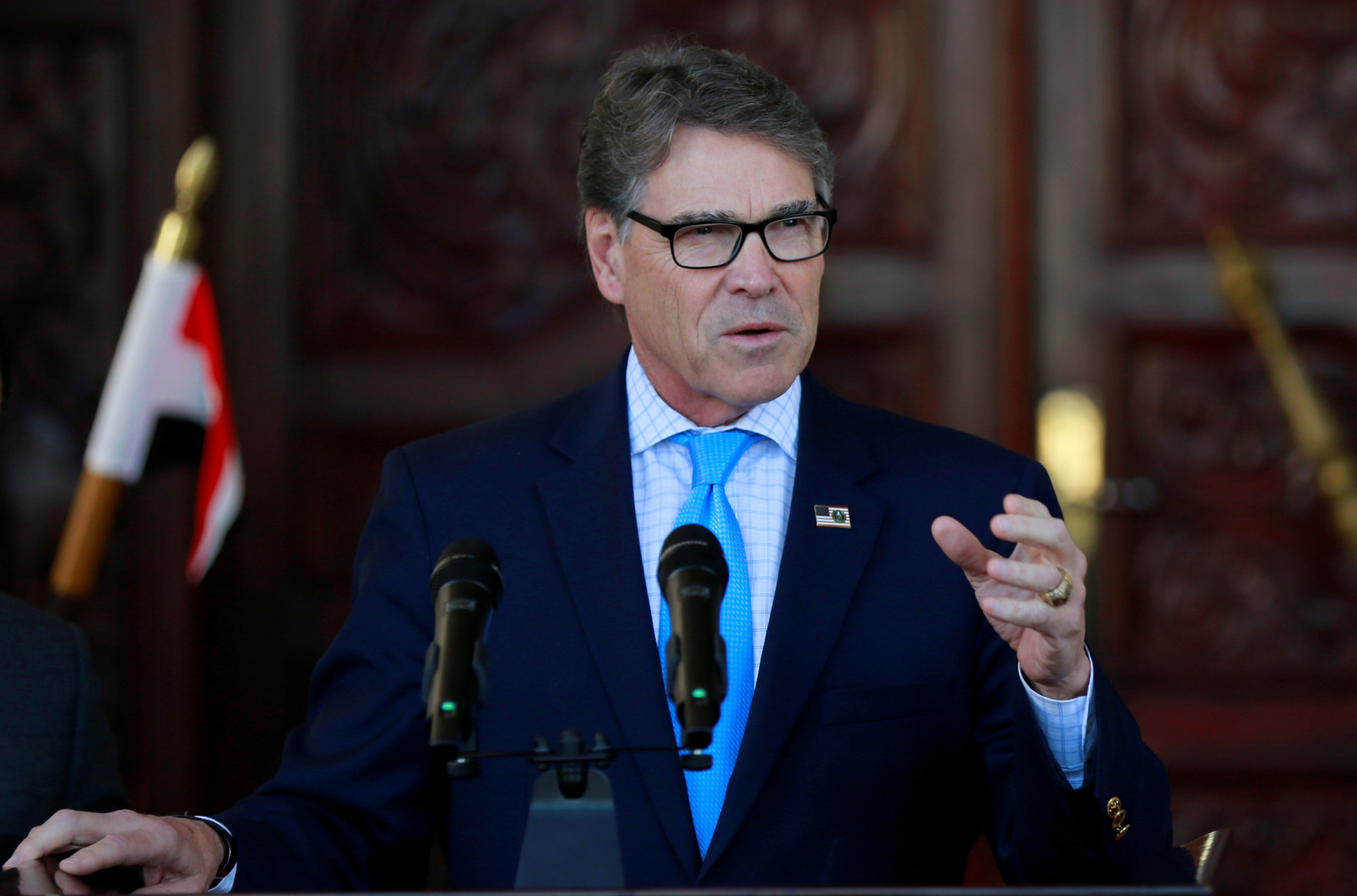 U.S. Energy Secretary Rick Perry attends a news conference after meeting with Iraqi President Barham Salih in Baghdad