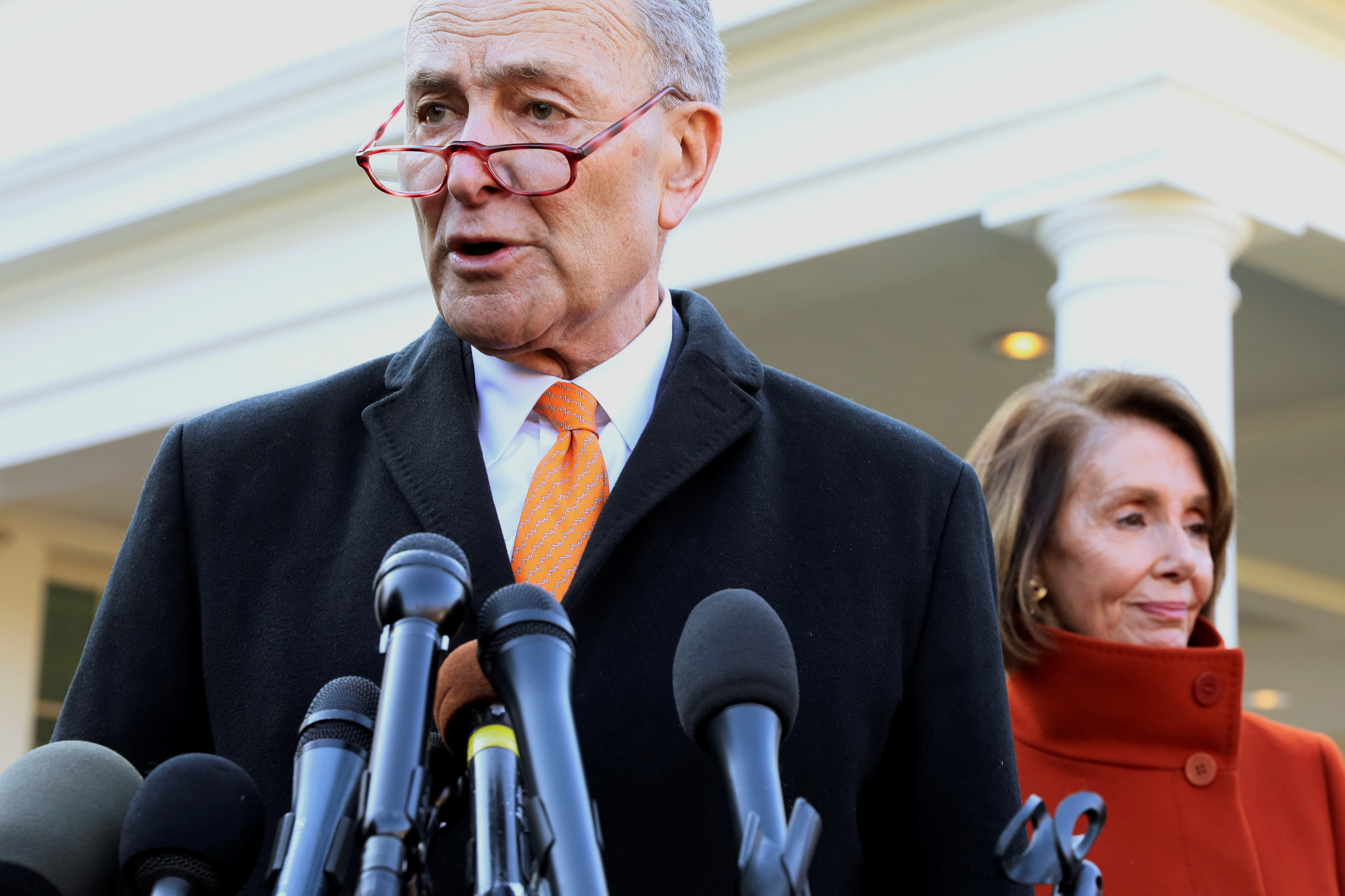 U.S. Senate Minority Leader Schumer and House Speaker designate Pelosi speak to reporters after meeting with President Trump at the White House in Washington