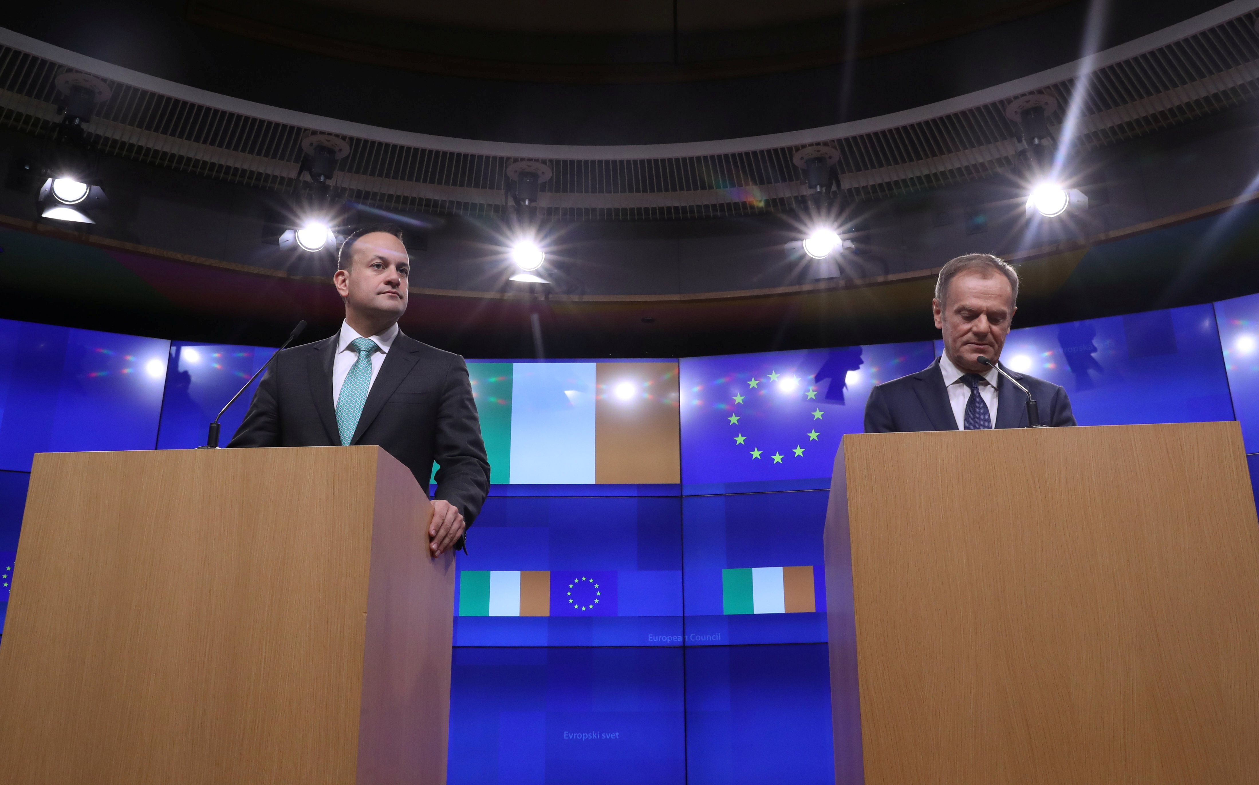 EU Council President Donald Tusk and Irish Prime Minister Leo Varadkar give statements after a meeting at the European Council headquarters in Brussels, Belgium February 6, 2019. (REUTERS/Yves Herman)