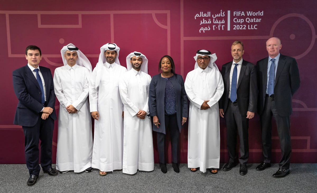Hassan Al Thawadi, Secretary General of the Supreme Committee for Delivery and Legacy, stands next to FIFA Secretary General Fatma Samoura in Doha, Qatar, February 5, 2019. Picture taken February 5, 2019. The Supreme Committee for Delivery and Legacy/Handout via REUTERS
