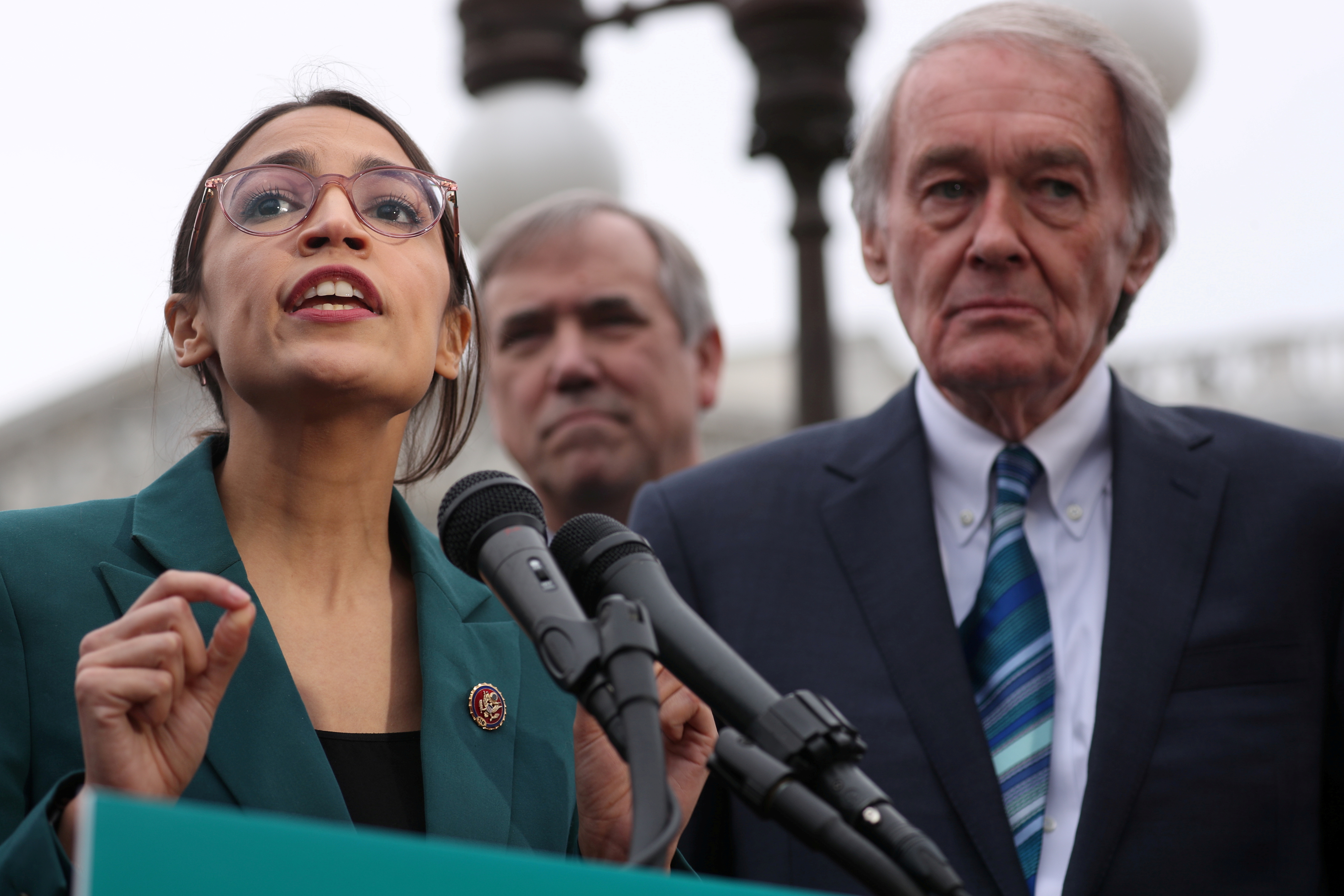 U.S. Representative Ocasio-Cortez and Senator Markey hold a news conference for their proposed "Green New Deal" to achieve net-zero greenhouse gas emissions in 10 years, at the U.S. Capitol in Washington